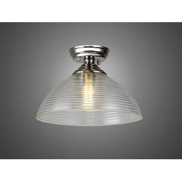 Billericay 1 Light Flush Ceiling E27 With Round 33.5cm Prismatic Effect Glass Shade Polished Nickel Clear