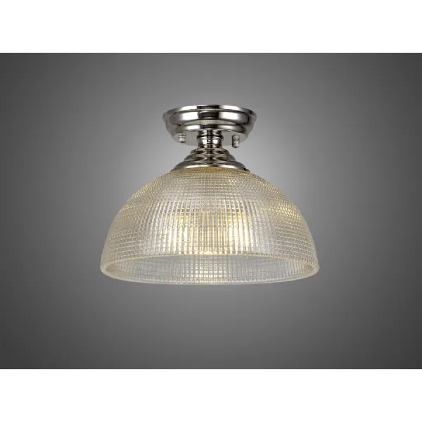 Billericay 1 Light Flush Ceiling E27 With Round 30cm Prismatic Effect Glass Shade Polished Nickel Clear