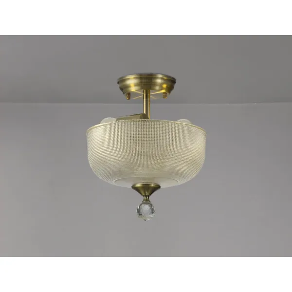 Billericay 2 Light Semi Flush Ceiling E27 With Round 26.5cm Prismatic Effect Glass Shade Antique Brass Clear