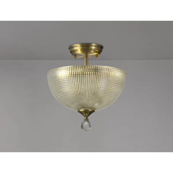 Billericay 2 Light Semi Flush Ceiling E27 With Round 30cm Prismatic Effect Glass Shade Antique Brass Clear