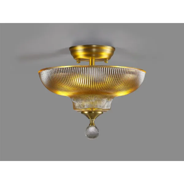 Billericay 2 Light Semi Flush Ceiling E27 With Round 30cm Glass Shade Satin Gold Amber