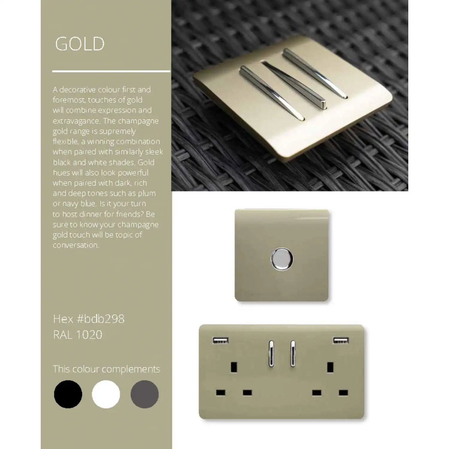 Trendi, Artistic Modern Switch Fused Spur 13A With Flex Outlet Champagne Gold Finish, BRITISH MADE, (35mm Back Box Required), 5yrs Warranty