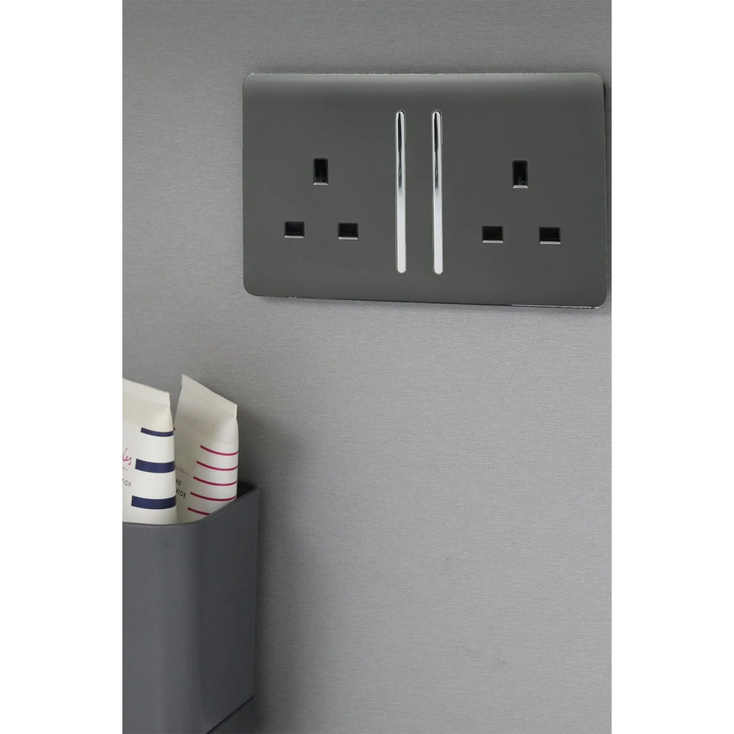 Trendi, Artistic Modern 2 Gang 13Amp Long Switched Double Socket Chrome Rocker Charcoal Finish, BRITISH MADE, (25mm Back Box Required), 5yrs Warranty