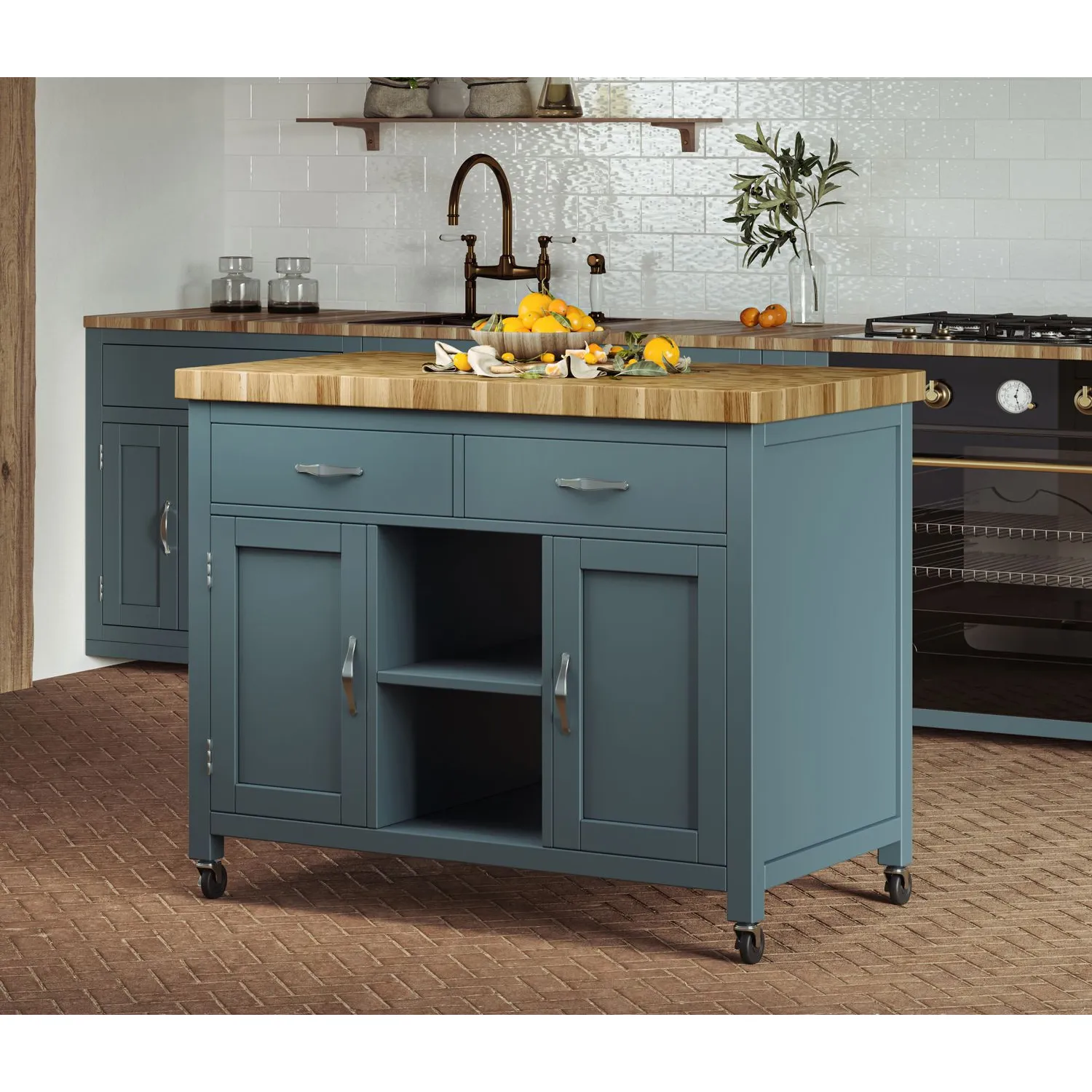 Blue Painted Kitchen Island with Butchers Block Top on Wheels