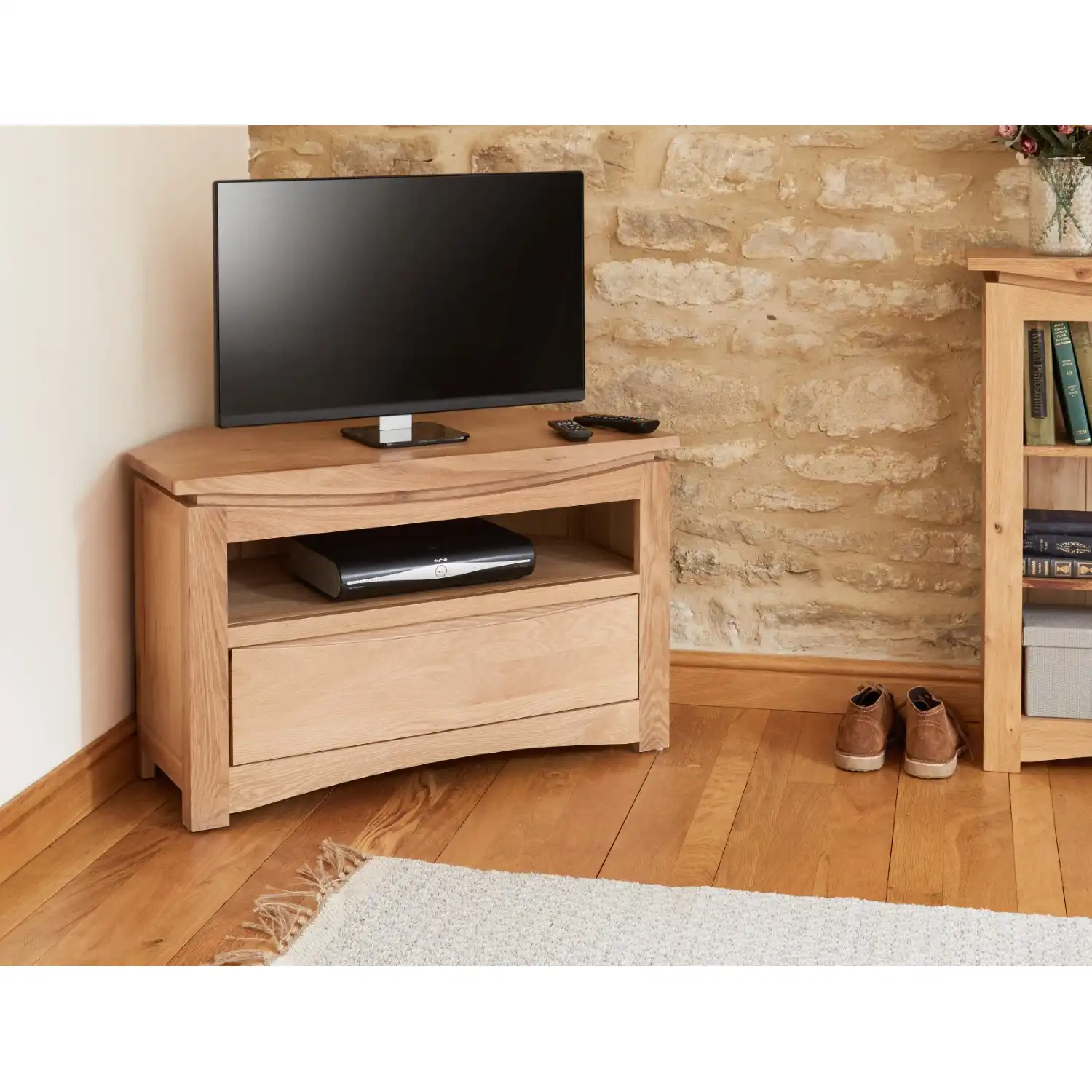 Light Solid Oak Corner TV Cabinet 1 Drawer Base