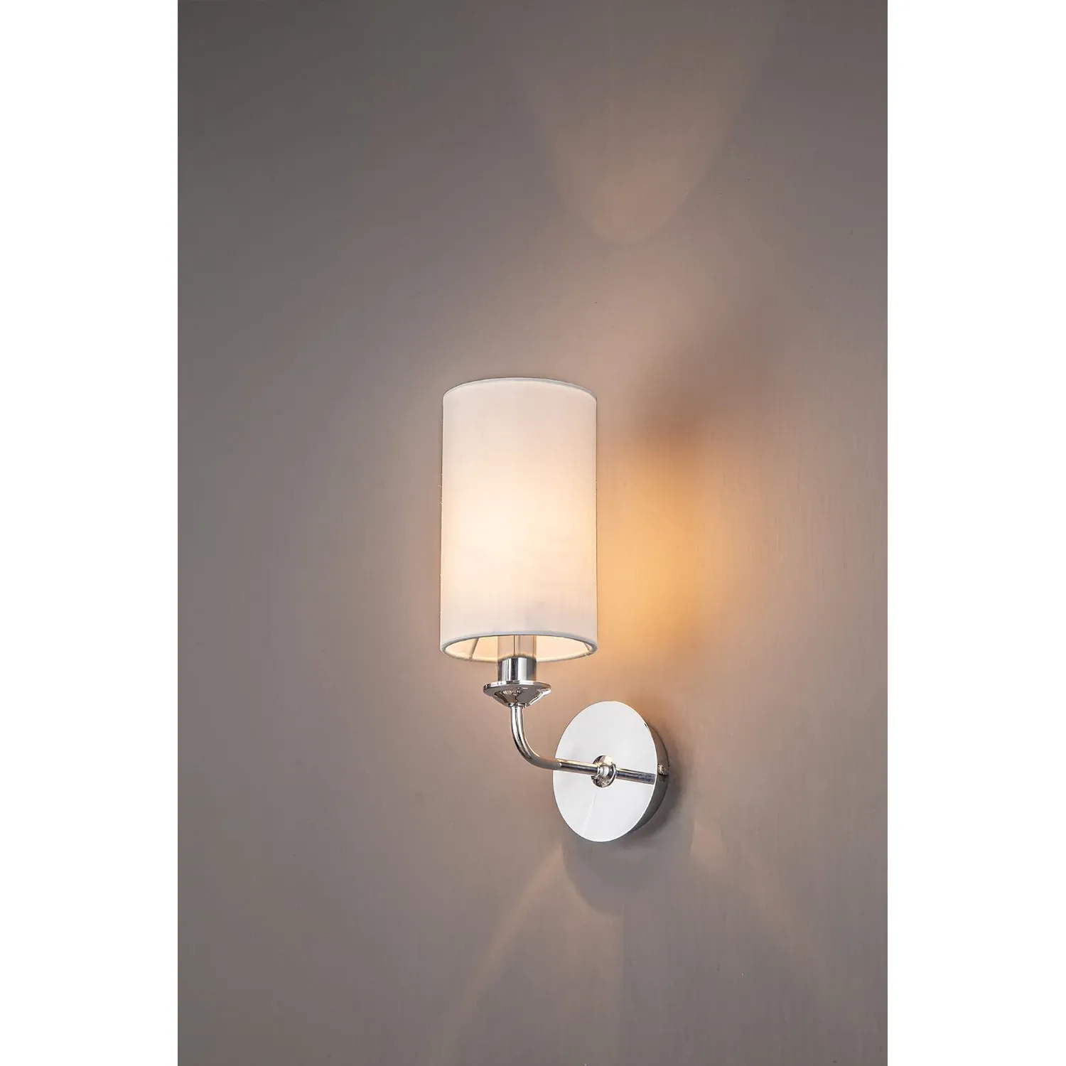 Banyan 1 Light Switched Wall Lamp, E14 Polished Chrome c w 120mm Faux Silk Shade, White