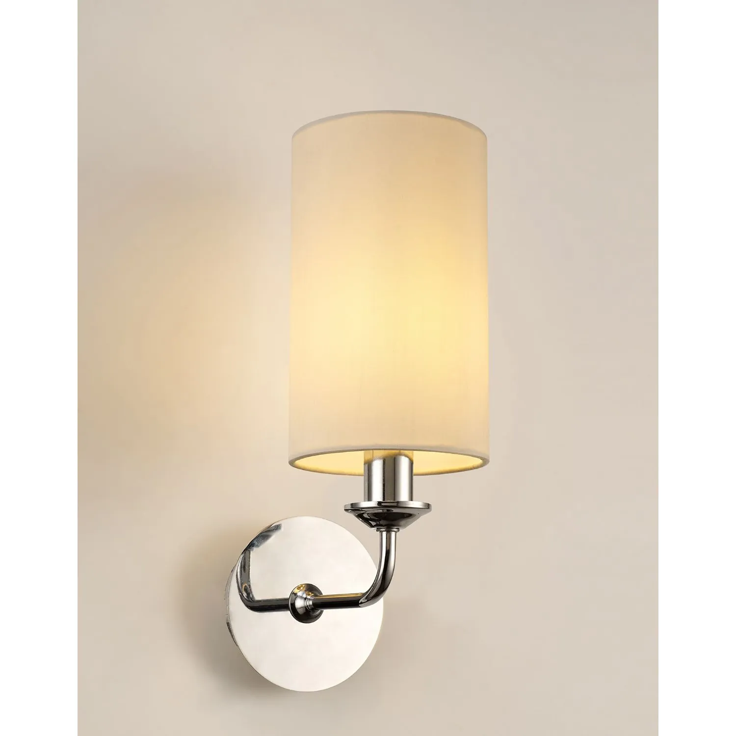 Banyan 1 Light Switched Wall Lamp, E14 Polished Chrome c w 120mm Faux Silk Shade, Ivory Pearl White Laminate