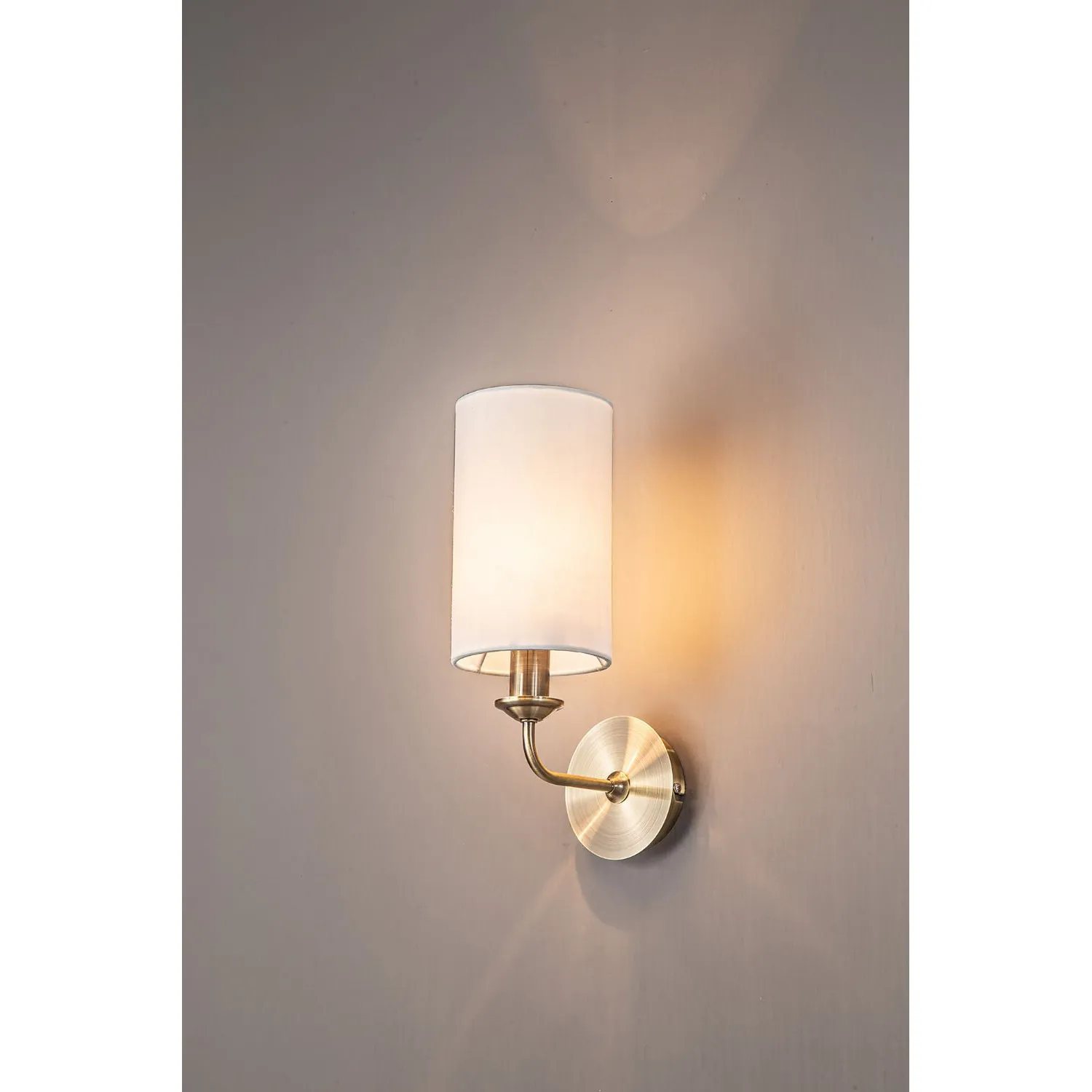 Banyan 1 Light Switched Wall Lamp, E14 Antique Brass c w 120mm Faux Silk Shade, White