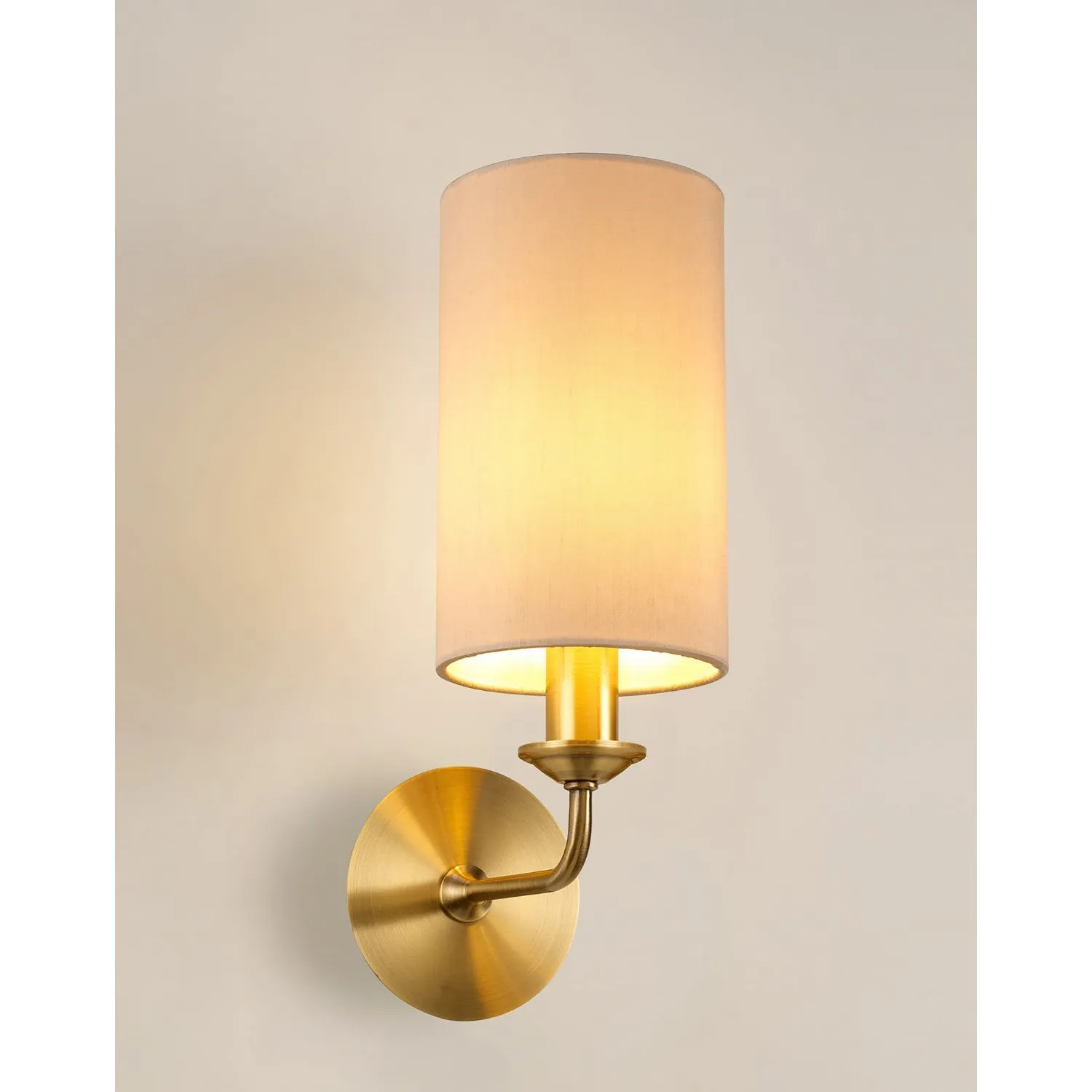 Banyan 1 Light Switched Wall Lamp, E14 Antique Brass c w 120mm Dual Faux Silk Shade, Nude Beige Moonlight