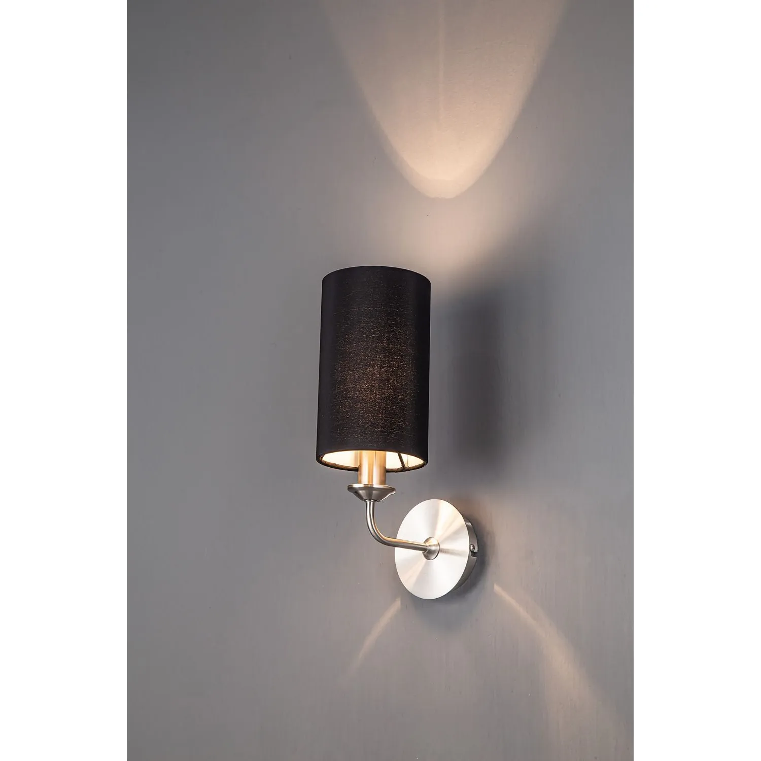 Banyan 1 Light Switched Wall Lamp, E14 Satin Nickel c w 120mm Faux Silk Shade, Black
