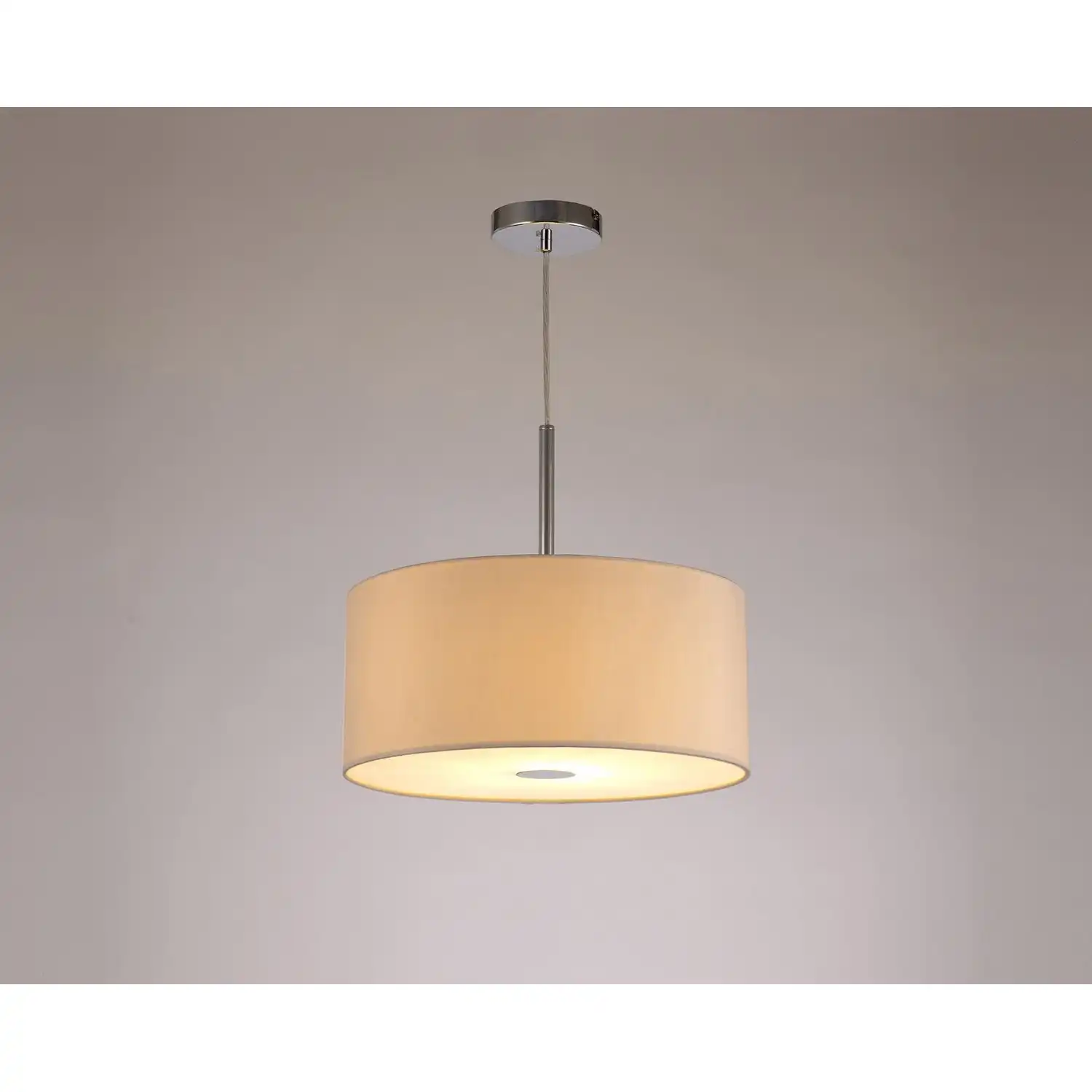 Baymont Polished Chrome 1 Light E27 3m Single Pendant c w 400mm Dual Faux Silk Shade, Nude Beige Moonlight c w 400mm Frosted PC Acrylic Diffuser