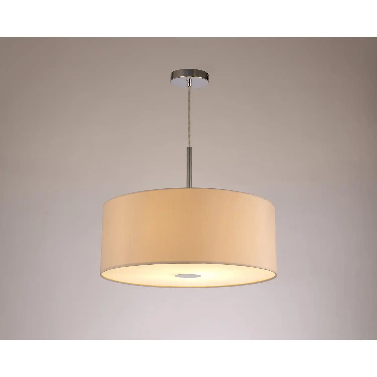 Baymont Polished Chrome 1 Light E27 3m Single Pendant c w 500mm Dual Faux Silk Shade, Nude Beige Moonlight c w 500mm Frosted PC Acrylic Diffuser