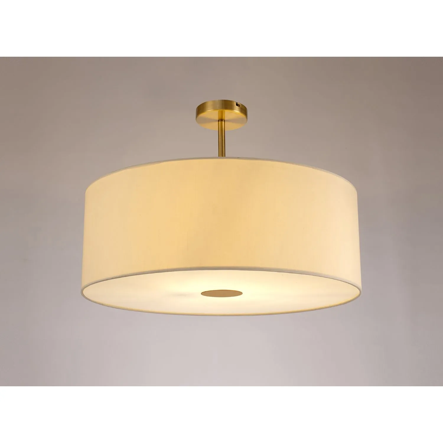 Baymont Antique Brass 1 Light E27 Semi Flush c w 600mm Faux Silk Shade, Ivory Pearl White Laminate c w 600mm Frosted AB Acrylic Diffuser