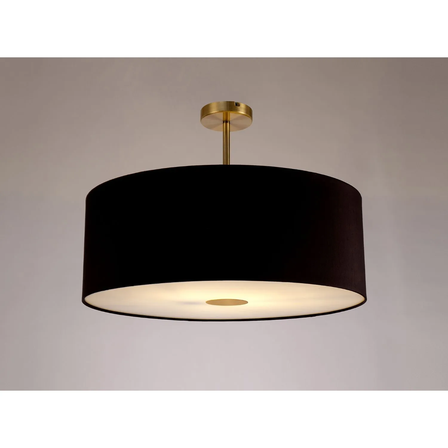 Baymont Antique Brass 1 Light E27 Semi Flush c w 600mm Dual Faux Silk Shade, Black Green Olive c w 600mm Frosted AB Acrylic Diffuser
