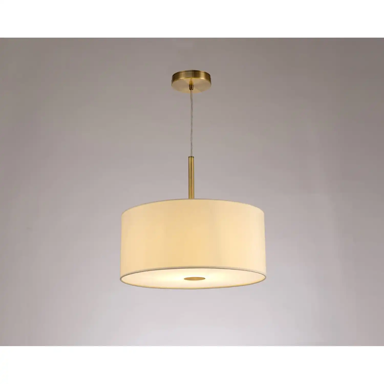 Baymont Antique Brass 1 Light E27 3m Single Pendant c w 400mm Faux Silk Shade, Ivory Pearl White Laminate c w 400mm Frosted AB Acrylic Diffuser