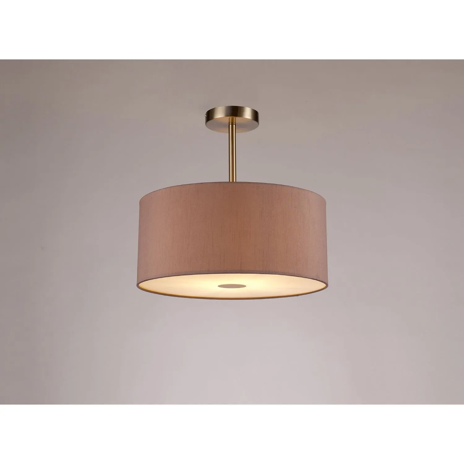 Baymont Satin Nickel 1 Light E27 Semi Flush c w 400mm Dual Faux Silk Shade, Taupe Halo Gold c w 400mm Frosted SN Acrylic Diffuser