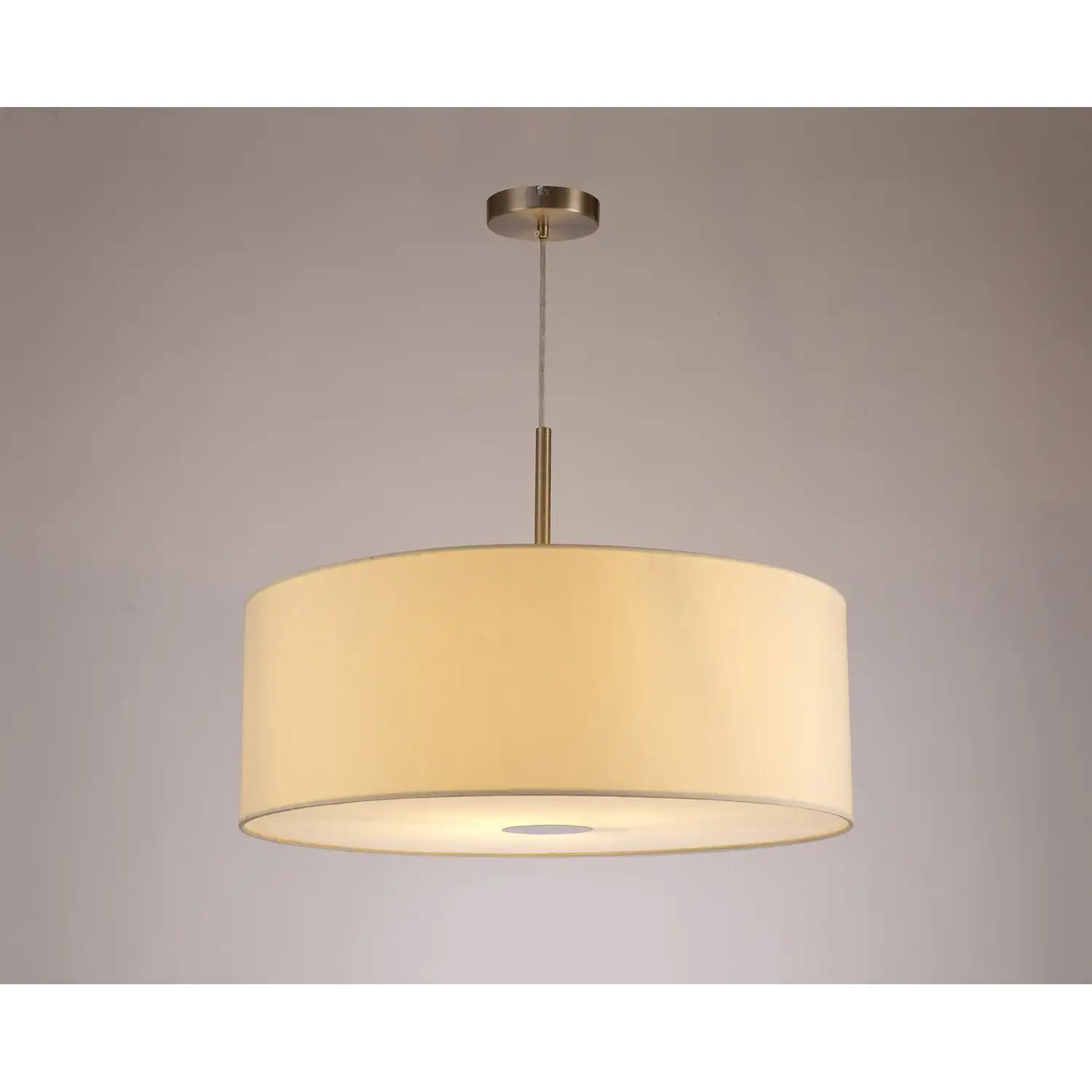 Baymont Satin Nickel 1 Light E27 3m Single Pendant c w 600mm Faux Silk Shade, Ivory Pearl White Laminate c w 600mm Frosted SN Acrylic Diffuser