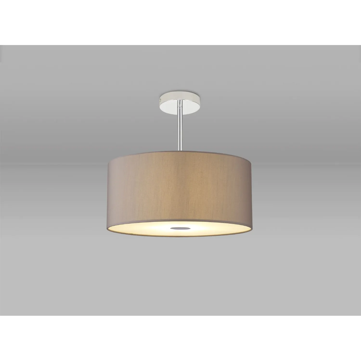 Baymont Polished Chrome 3 Light E27 Semi Flush c w 400 Faux Silk Fabric Shade, Grey White Laminate And 400mm Frosted PC Acrylic Diffuser