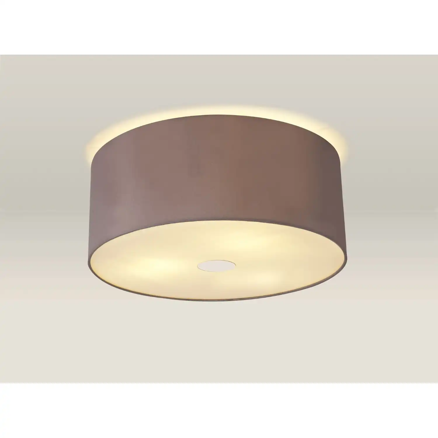 Baymont Polished Chrome 3 Light E27 Drop Flush Ceiling c w 500 Dual Faux Silk Fabric Shade, Taupe Halo Gold And 500mm Frosted PC Acrylic Diffuser