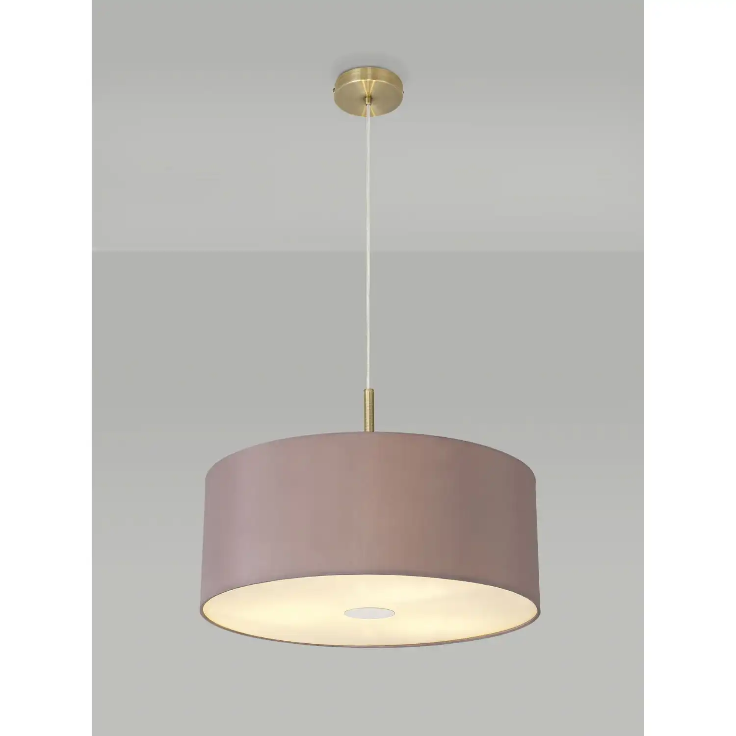 Baymont Antique Brass 3m 3 Light E27 Single Pendant c w 500 x 200mm Dual Faux Silk Fabric Shade, Taupe Halo Gold And 500mm Frosted AB Acrylic Diffuser