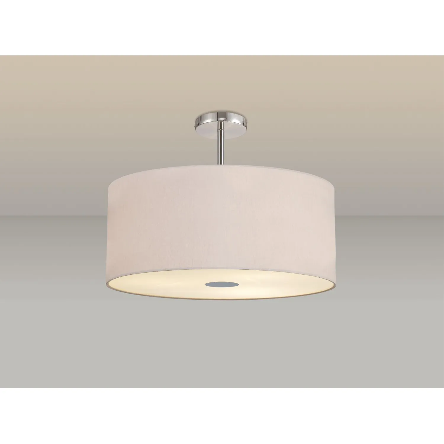 Baymont Polished Chrome 5 Light E27 Semi Flush Fixture c w 600 Dual Faux Silk Fabric Shade, Nude Beige Moonlight And 600mm Frosted PC Acrylic Diffuser