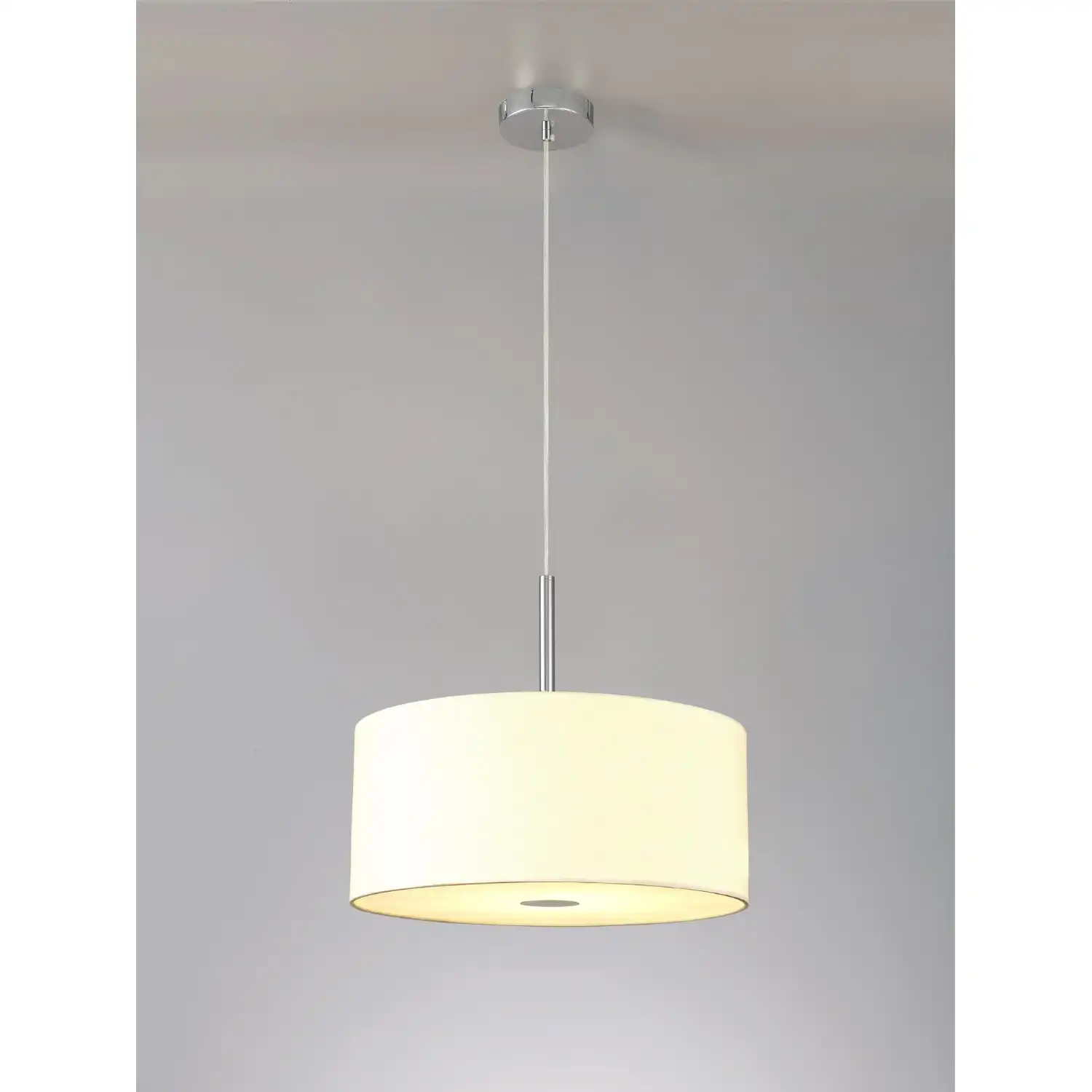 Baymont Polished Chrome 3m 5 Light E27 Single Pendant c w 400mm Faux Silk Shade, Ivory Pearl White Laminate And 400mm Frosted PC Acrylic Diffuser
