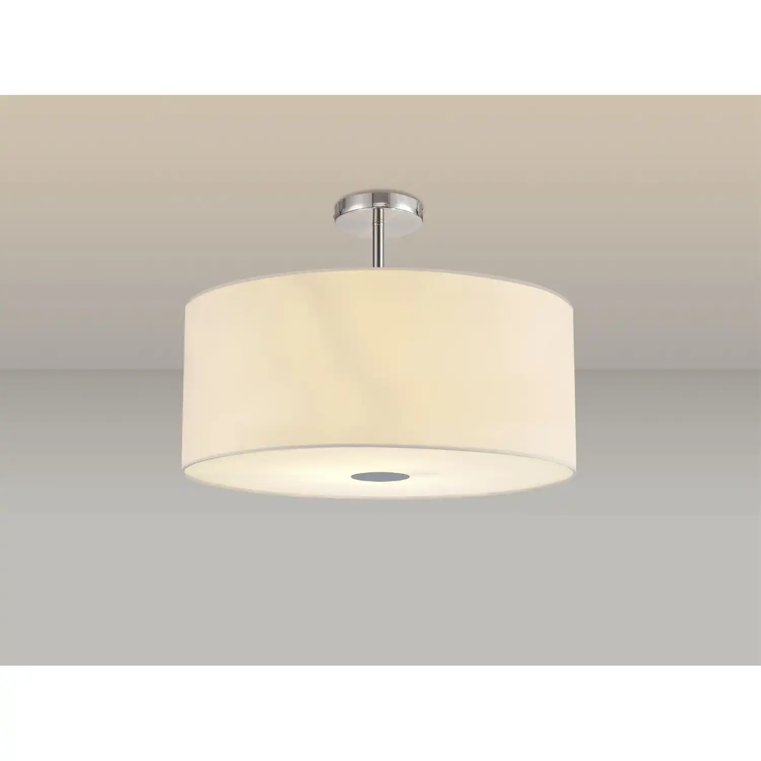 Baymont Polished Chrome 5 Light E27 Drop Flush Ceiling Fixture c w 600 Faux Silk Shade, Ivory Pearl White Laminate And 600mm Frosted PC Acrylic Diffuser