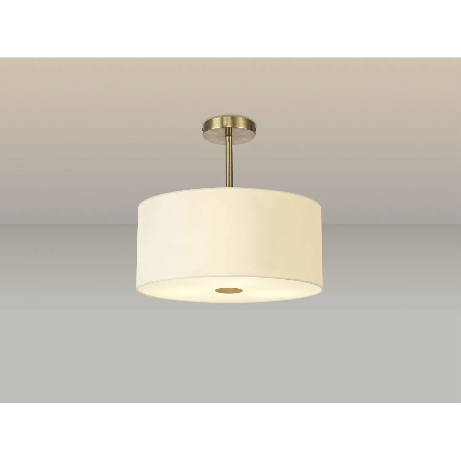 Baymont Antique Brass 5 Light E27 Semi Flush c w 400mm Faux Silk Shade, Ivory Pearl White Laminate And 400mm Frosted AB Acrylic Diffuser