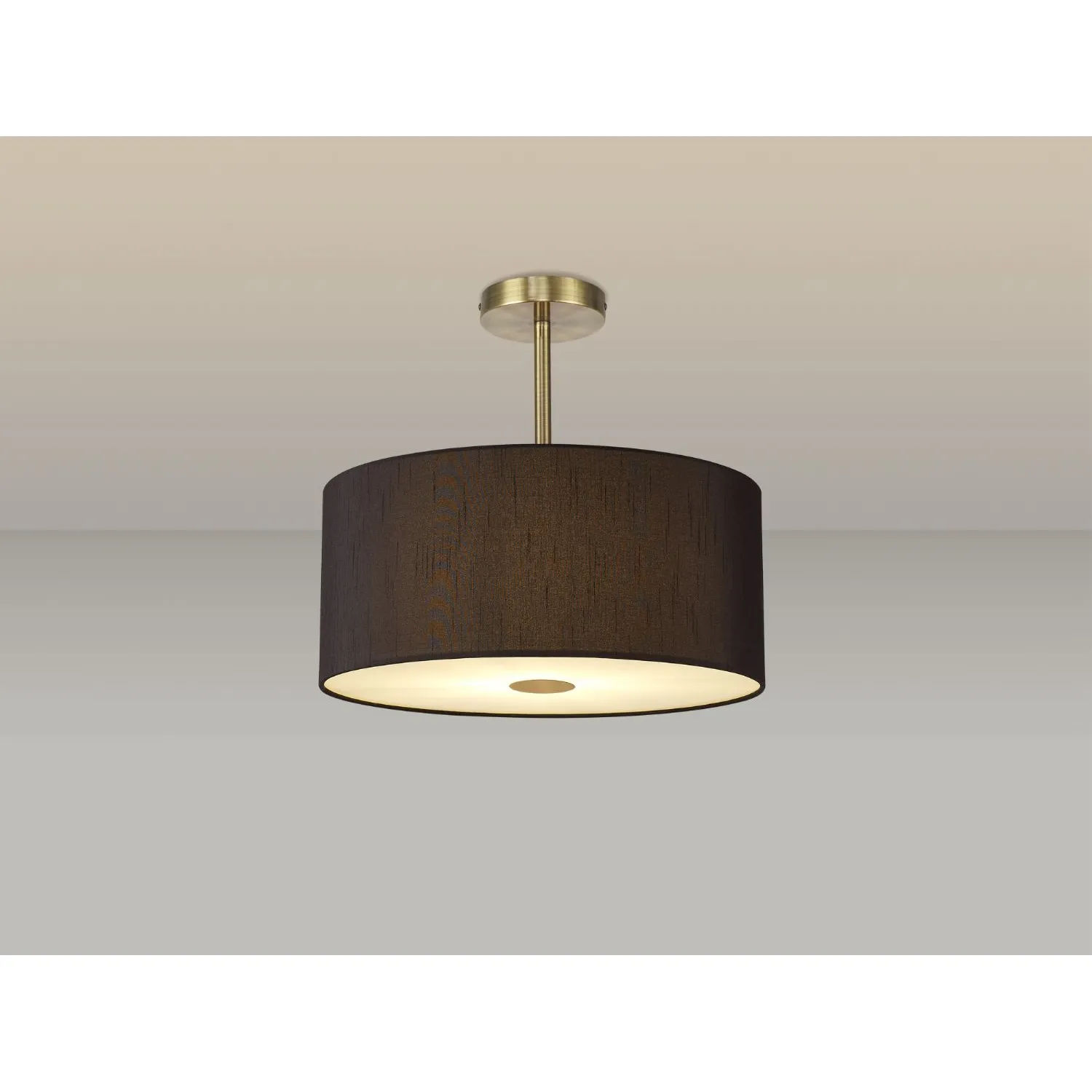Baymont Antique Brass 5 Light E27 Semi Flush c w 400mm Faux Silk Shade, Black White Laminate And 400mm Frosted AB Acrylic Diffuser