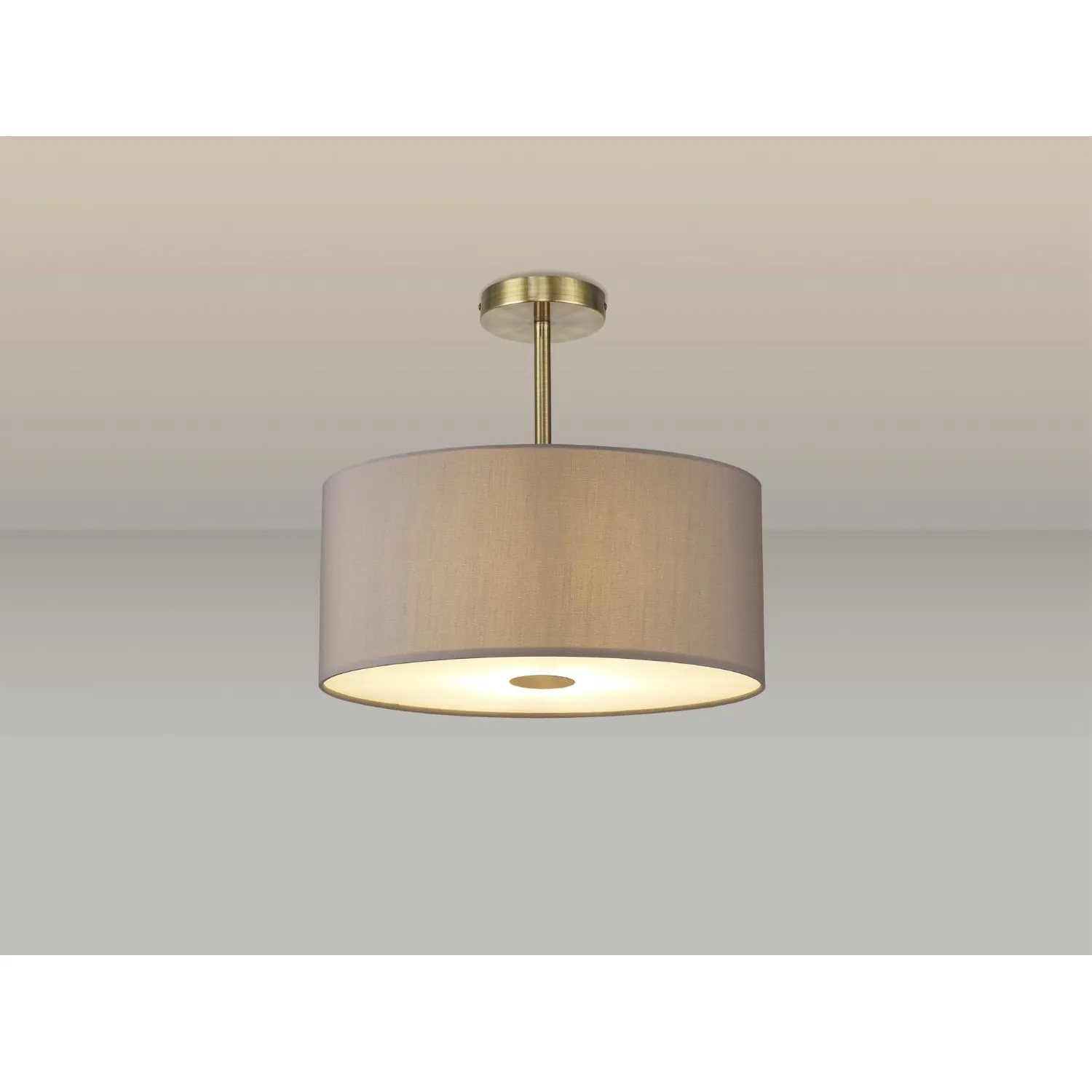 Baymont Antique Brass 5 Light E27 Semi Flush c w 400mm Faux Silk Shade, Grey White Laminate And 400mm Frosted AB Acrylic Diffuser