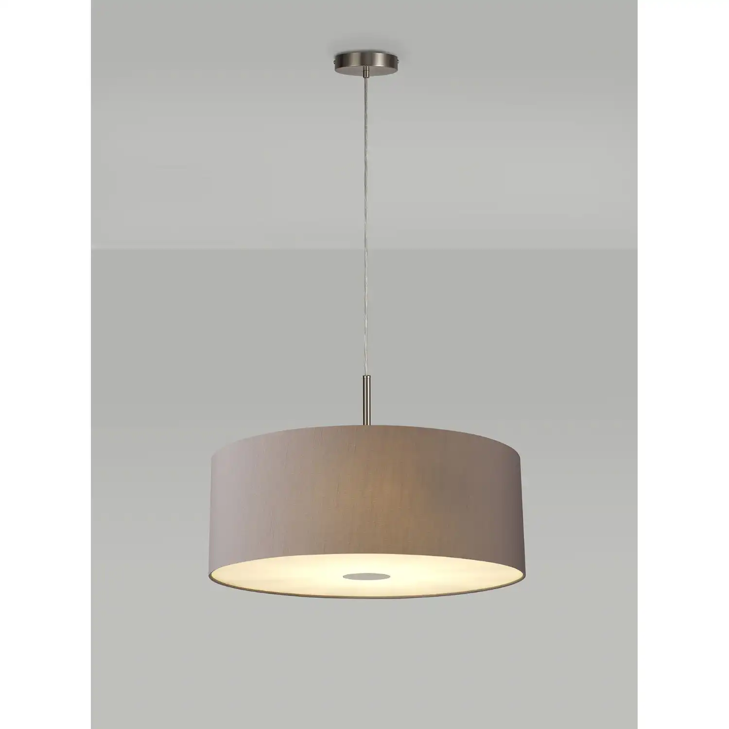 Baymont Satin Nickel 3m 5 Light E27 Single Pendant c w 600 x 220mm Faux Silk Fabric Shade, Grey White Laminate And 600mm Frosted PC Acrylic Diffuser