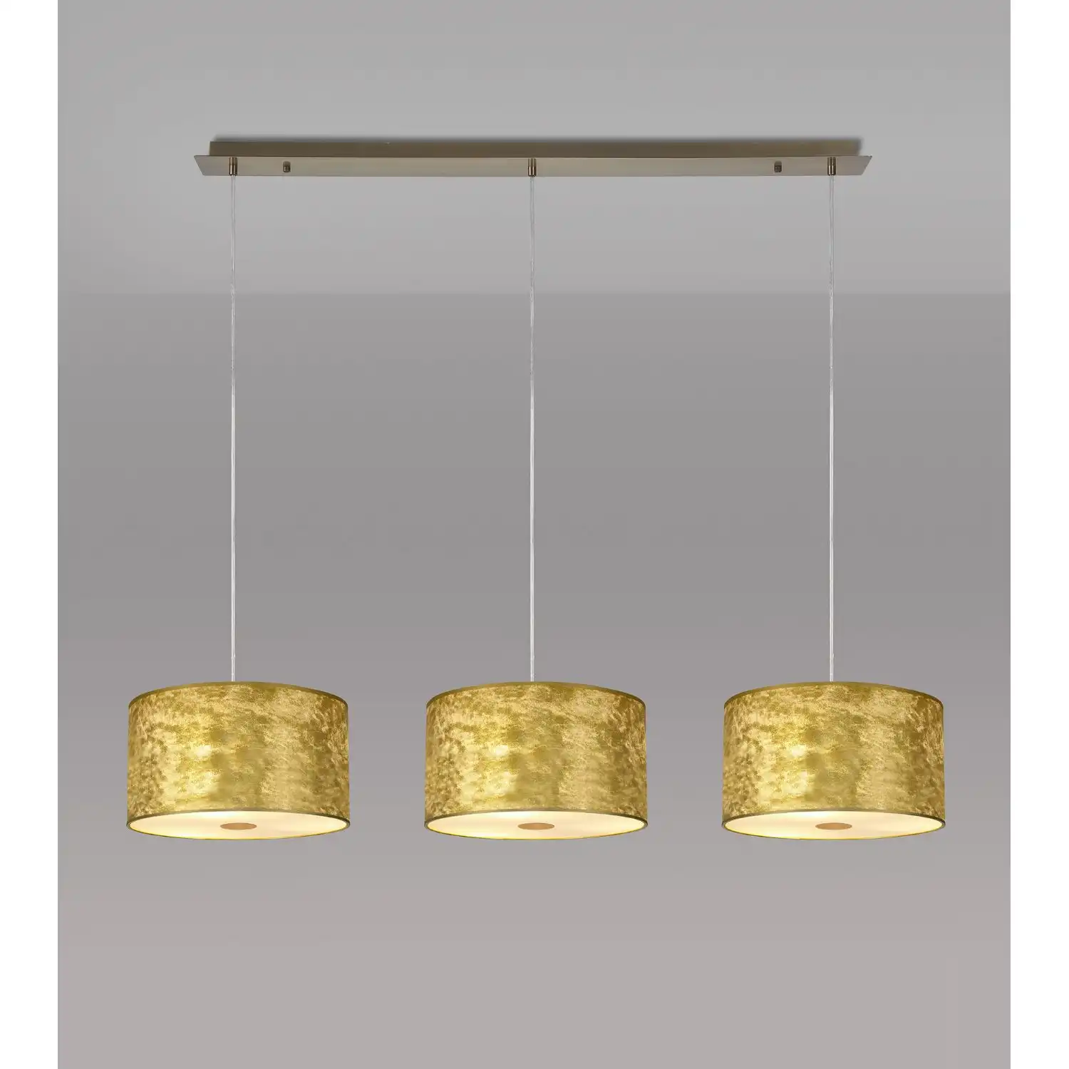 Baymont Antique Brass 3 Light E27 2m Linear Pendant With 300mm Gold Leaf Shade With Frosted Acrylic Diffuser With Antique Brass Centre