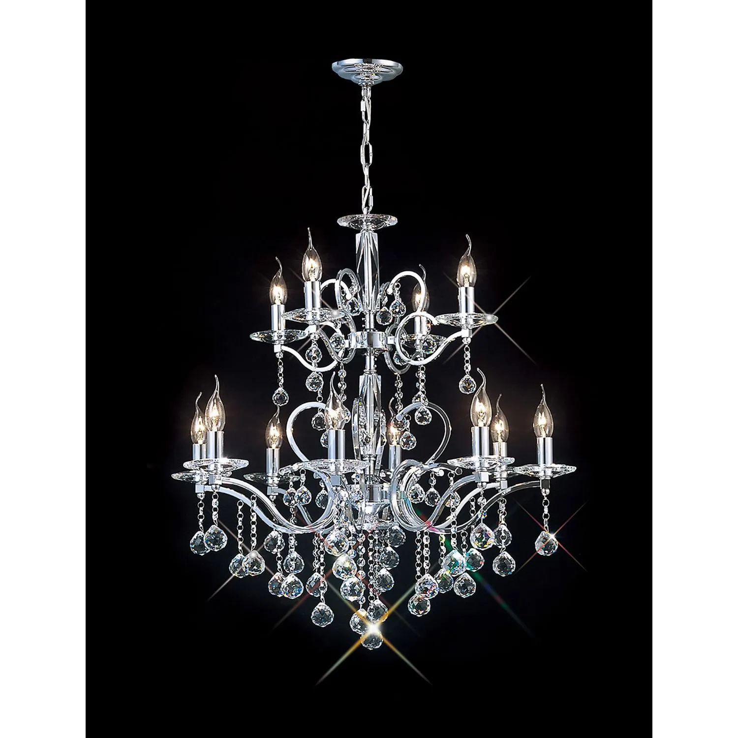 Zinta Pendant 2 Tier 12 Light E14 Polished Chrome Crystal, (ITEM REQUIRES CONSTRUCTION CONNECTION) Item Weight: 15.0kg