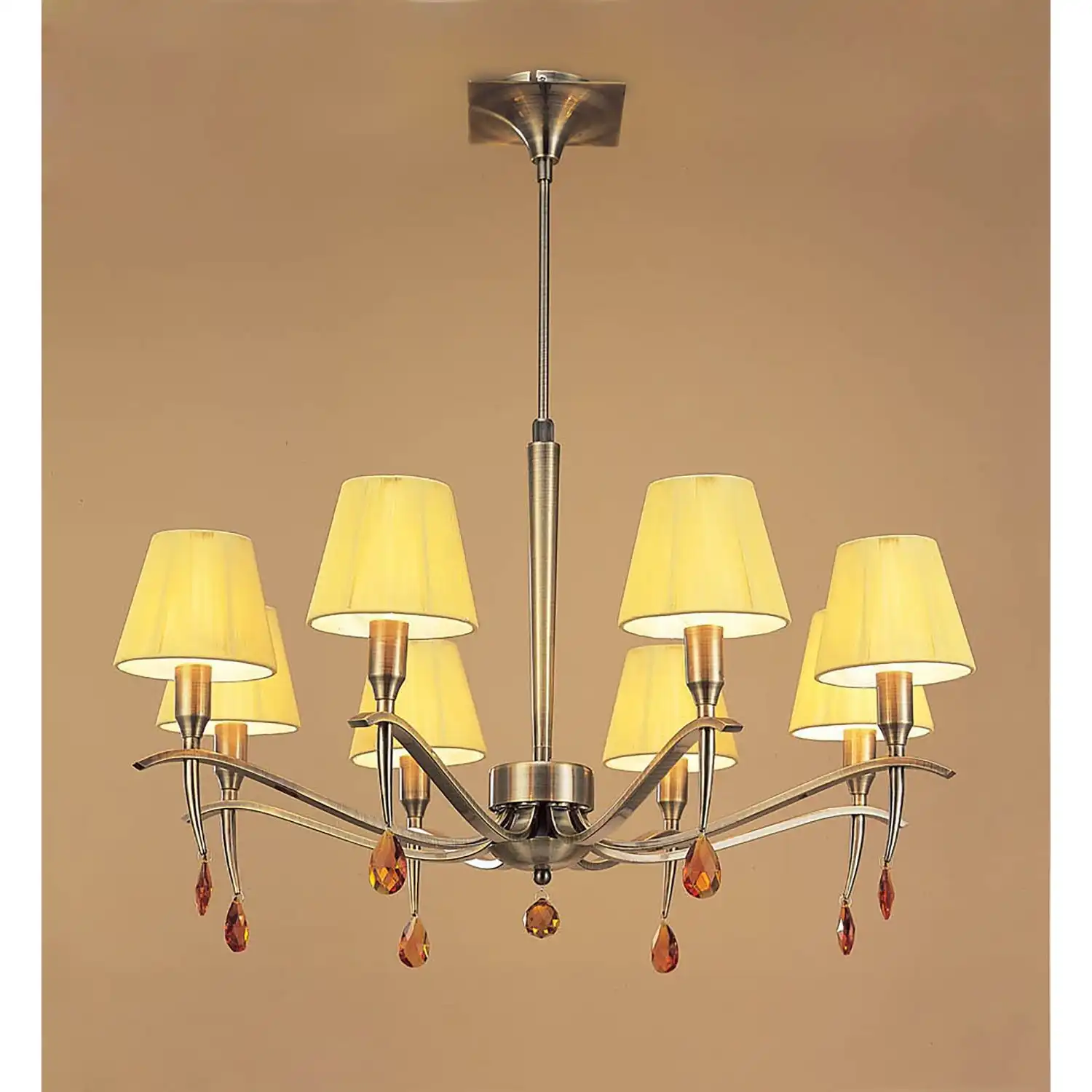 Siena Pendant Round 8 Light E14, Antique Brass With Amber Cream Shades And Amber Crystal