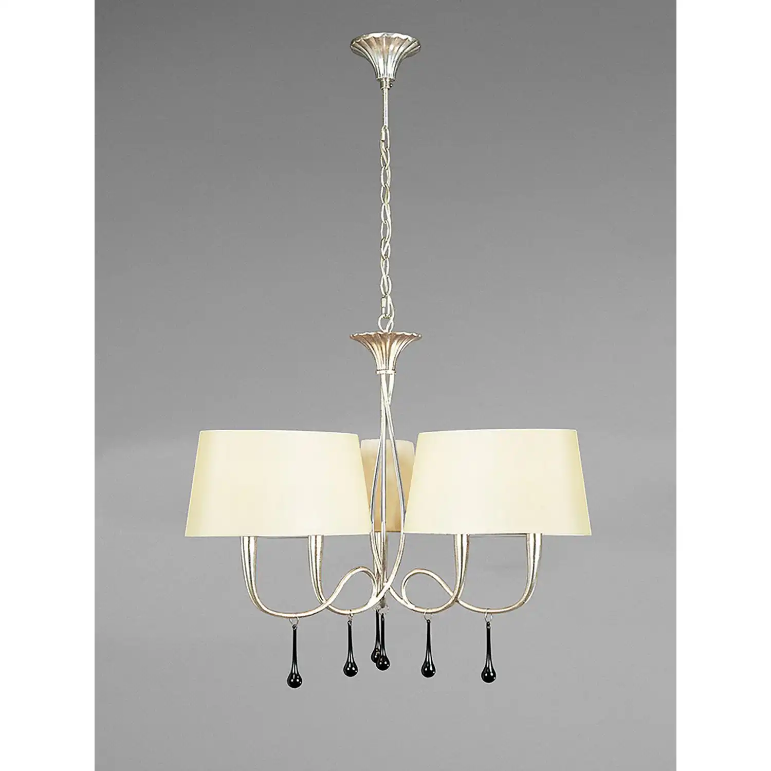 Paola Pendant 3 Arm 6 Light E14, Silver Painted With Cream Shades And Black Glass Droplets