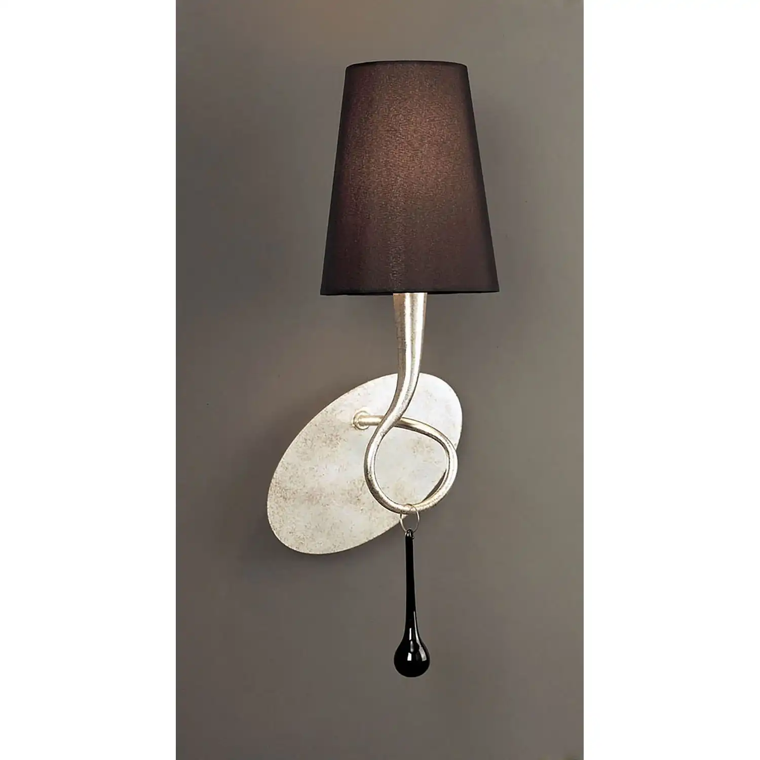 Paola Wall Lamp Switched 1 Light E14, Silver Painted With Black Shade And Black Glass Droplets