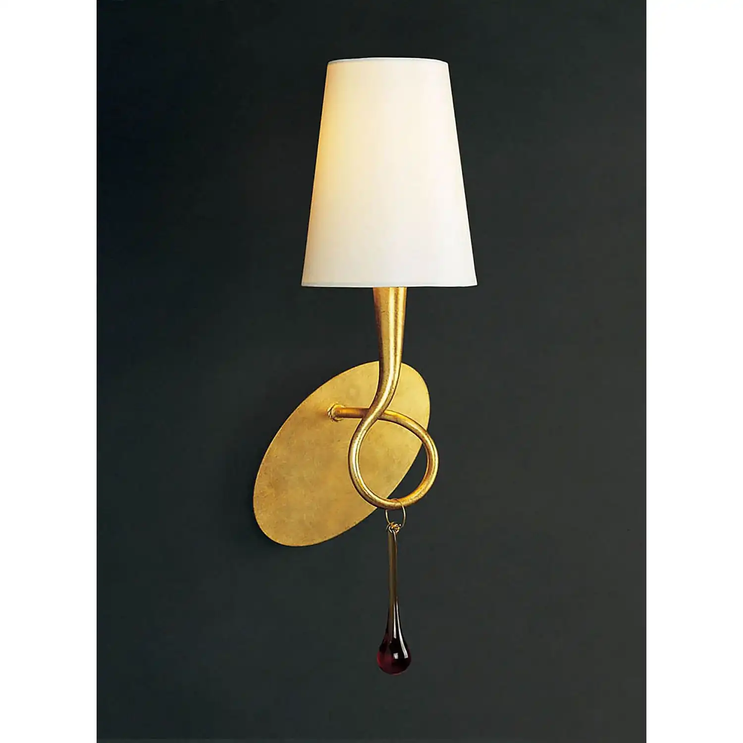 Paola Wall Lamp Switched 1 Light E14, Gold Painted With Cream Shade And Amber Glass Droplets