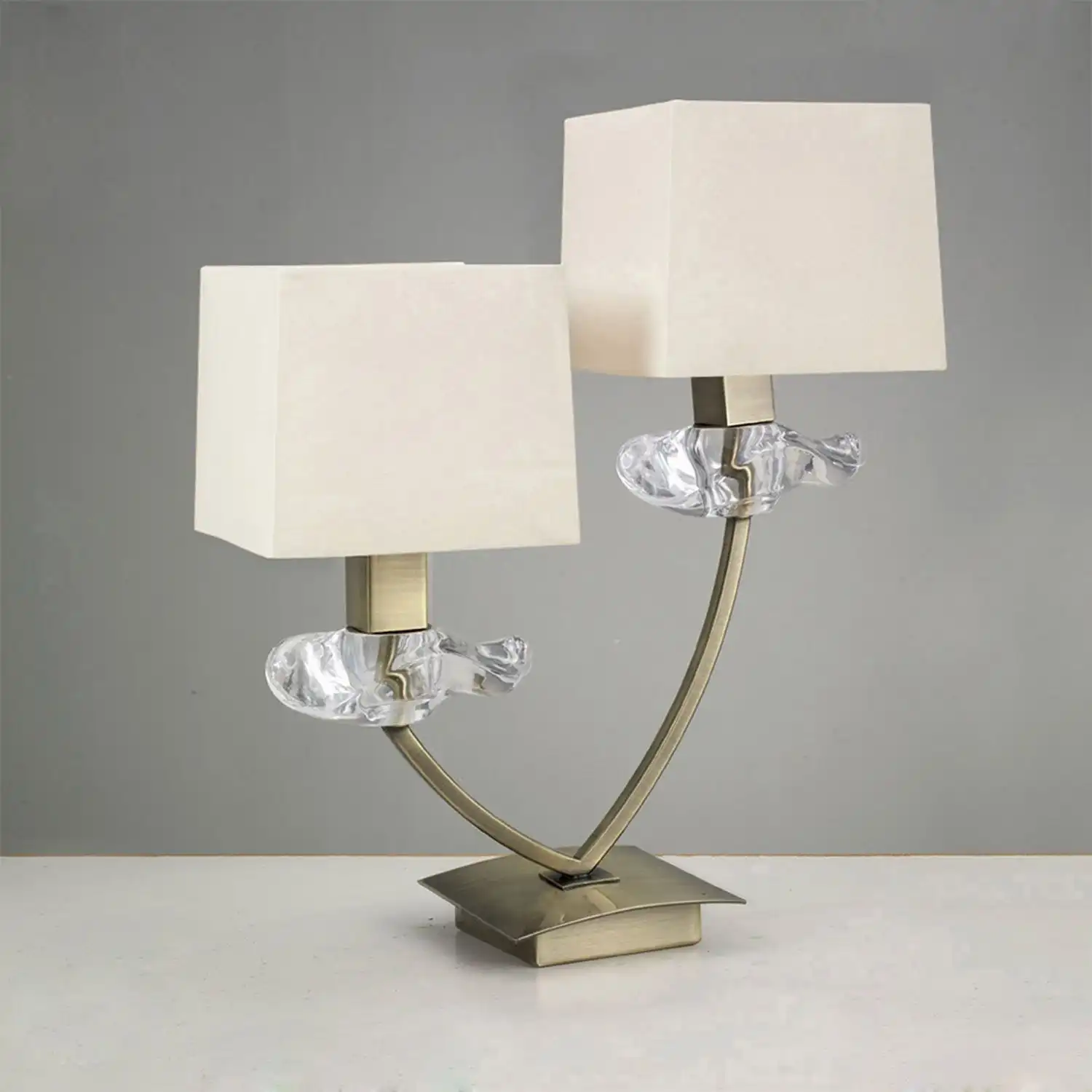 Akira Table Lamp 2 Light E14, Antique Brass With Cream Shades