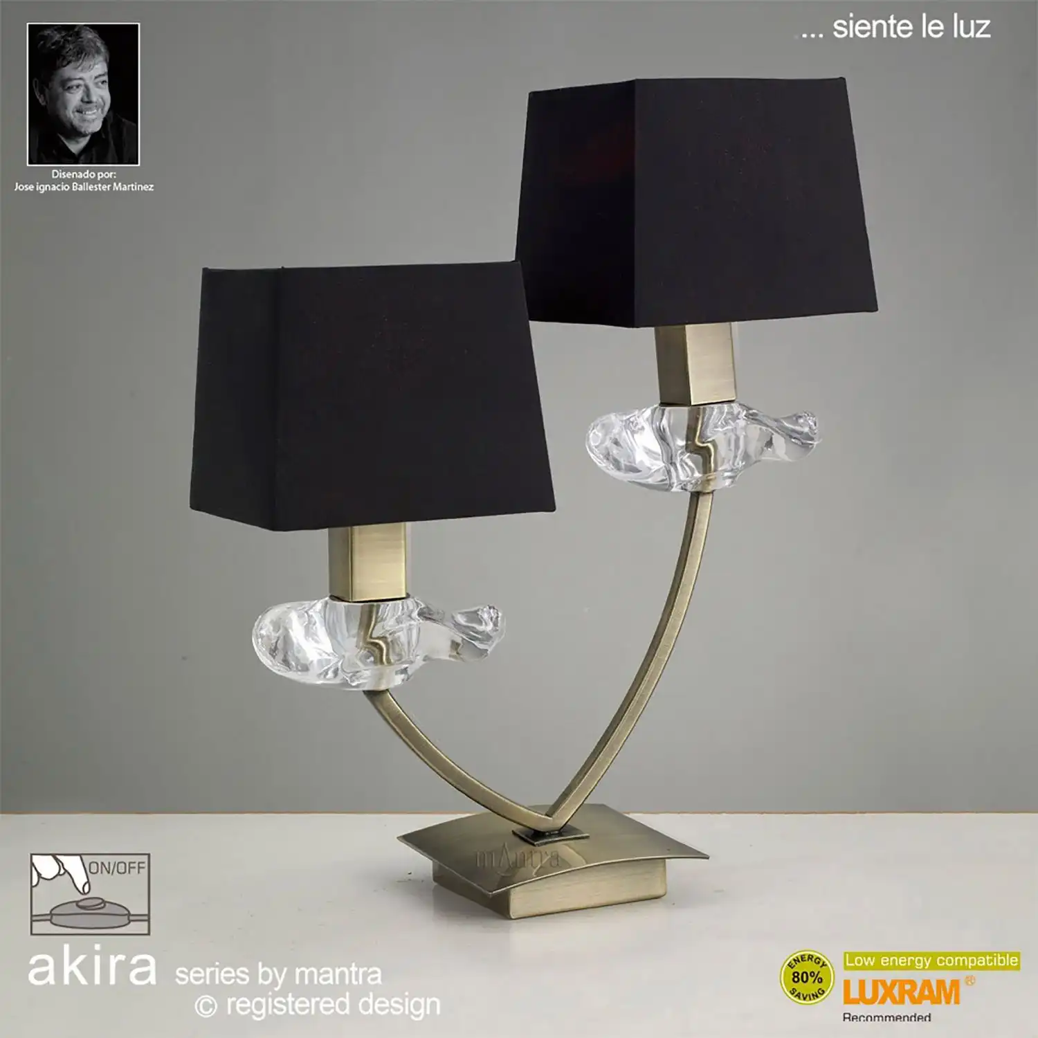Akira Table Lamp 2 Light E14, Antique Brass With Black Shades
