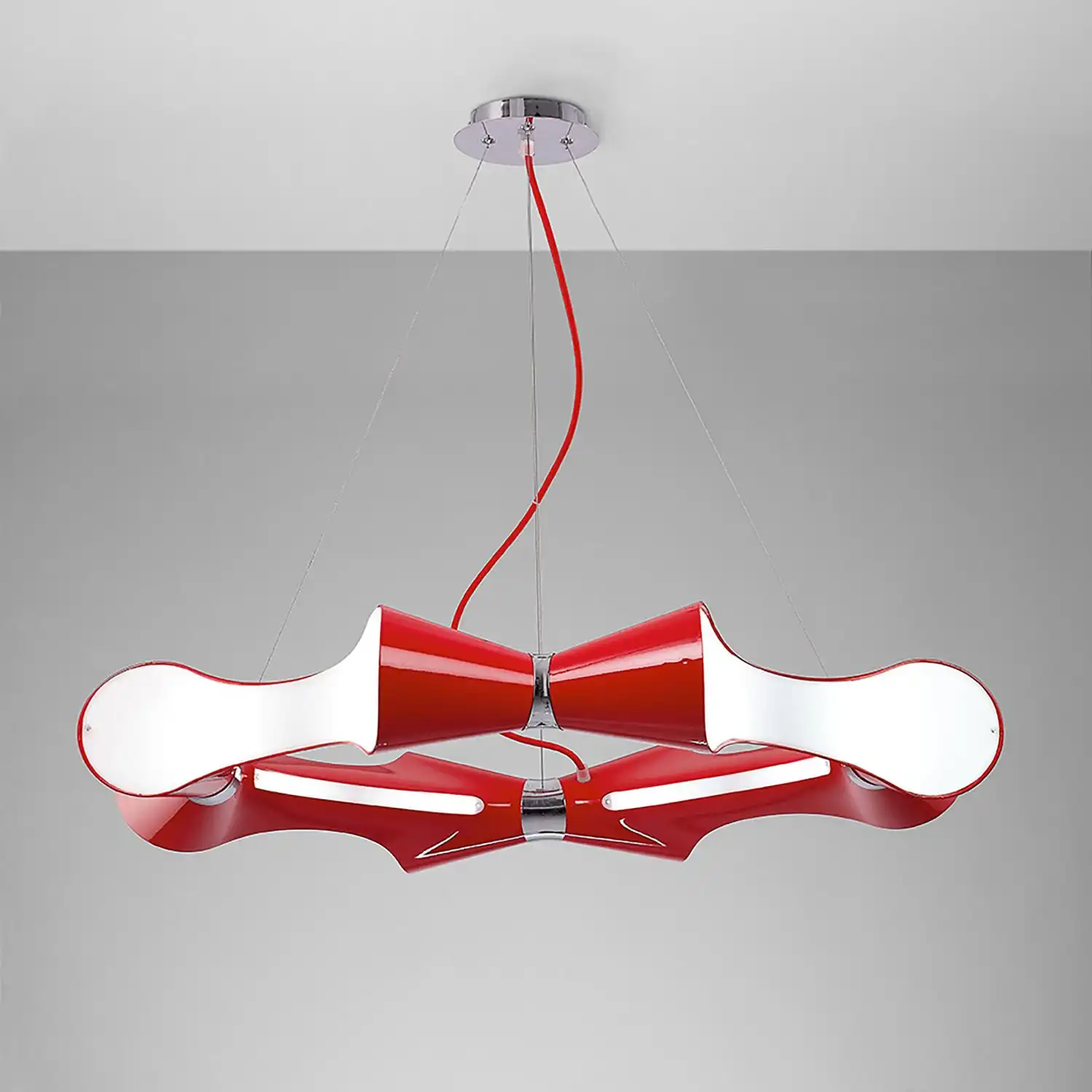 Ora Pendant 8 Flat Round Light E27, Gloss Red White Acrylic Polished Chrome, CFL Lamps INCLUDED