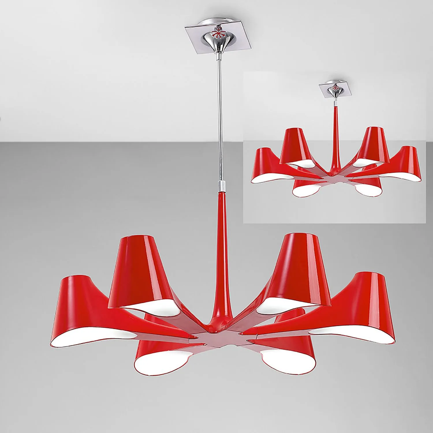 Ora Telescopic Convertible To Semi Flush 6 Light E27, Gloss Red White Acrylic Polished Chrome, CFL Lamps INCLUDED