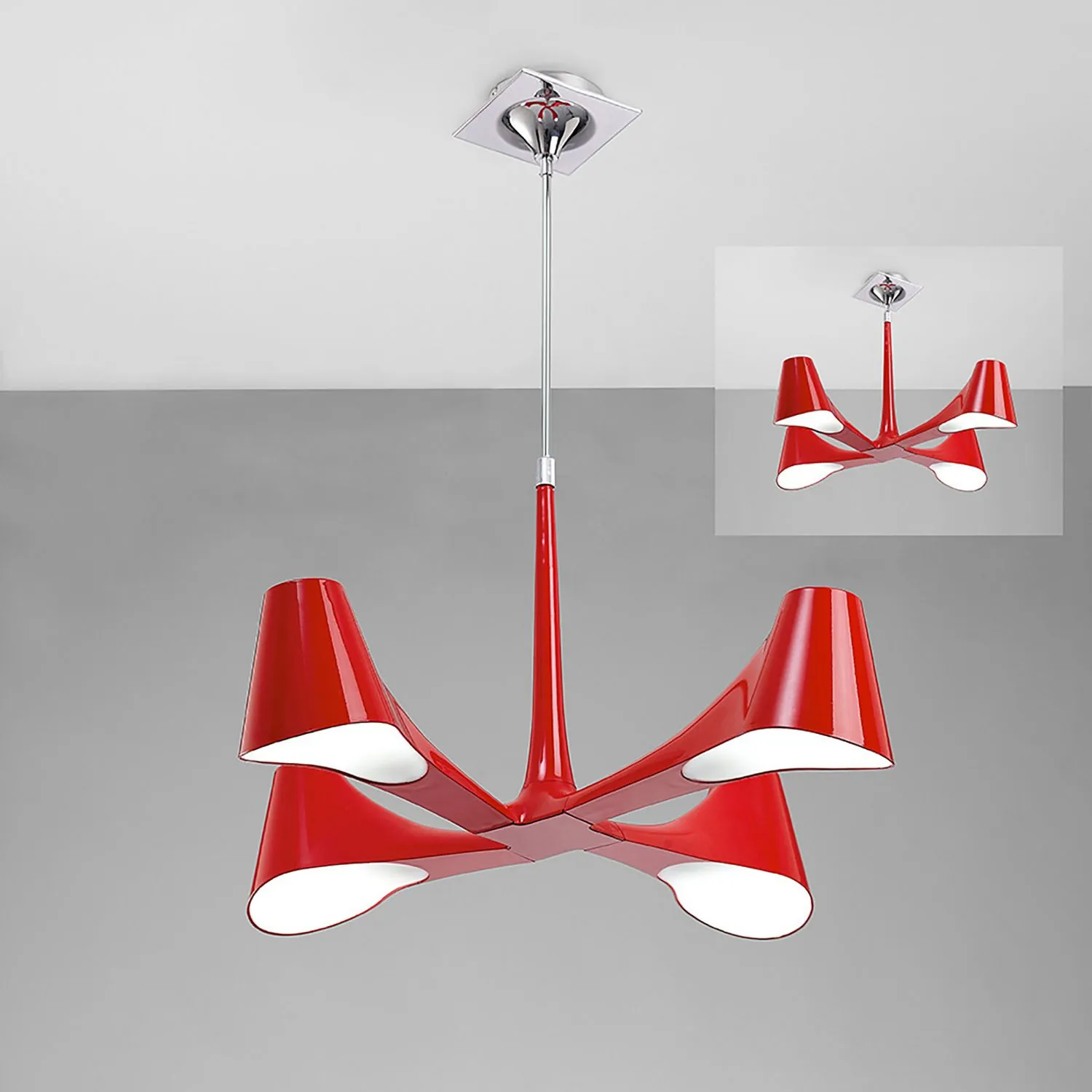 Ora Telescopic Convertible To Semi Flush 4 Light E27, Gloss Red White Acrylic Polished Chrome, CFL Lamps INCLUDED