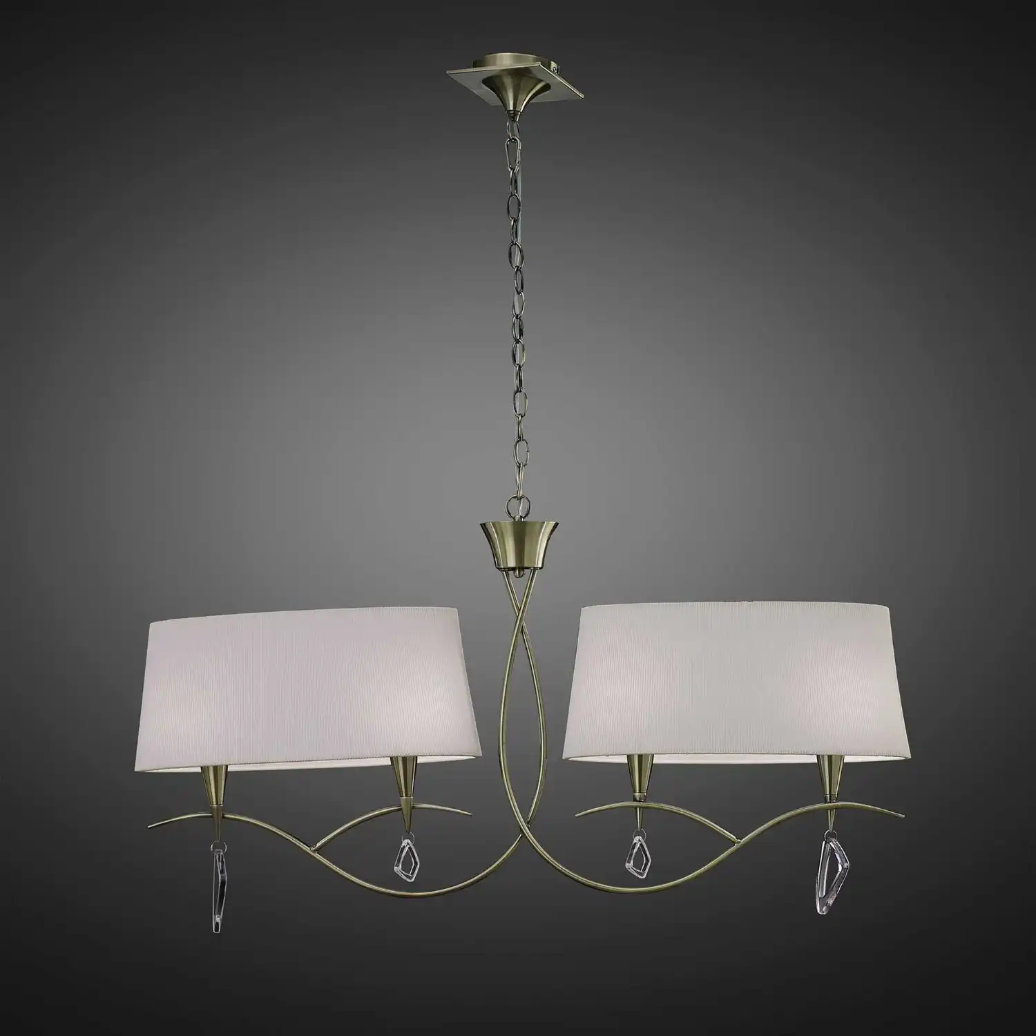 Mara Linear Pendant 2 Arm 4 Light E14, Antique Brass With Ivory White Shades
