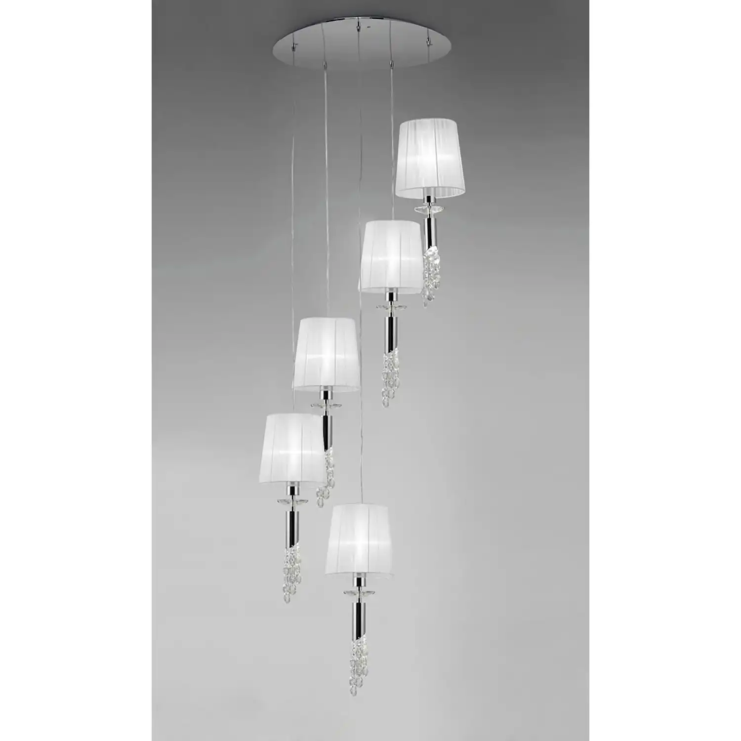 Tiffany Pendant 5+5 Light E27+G9 Spiral, Polished Chrome With White Shades And Clear Crystal