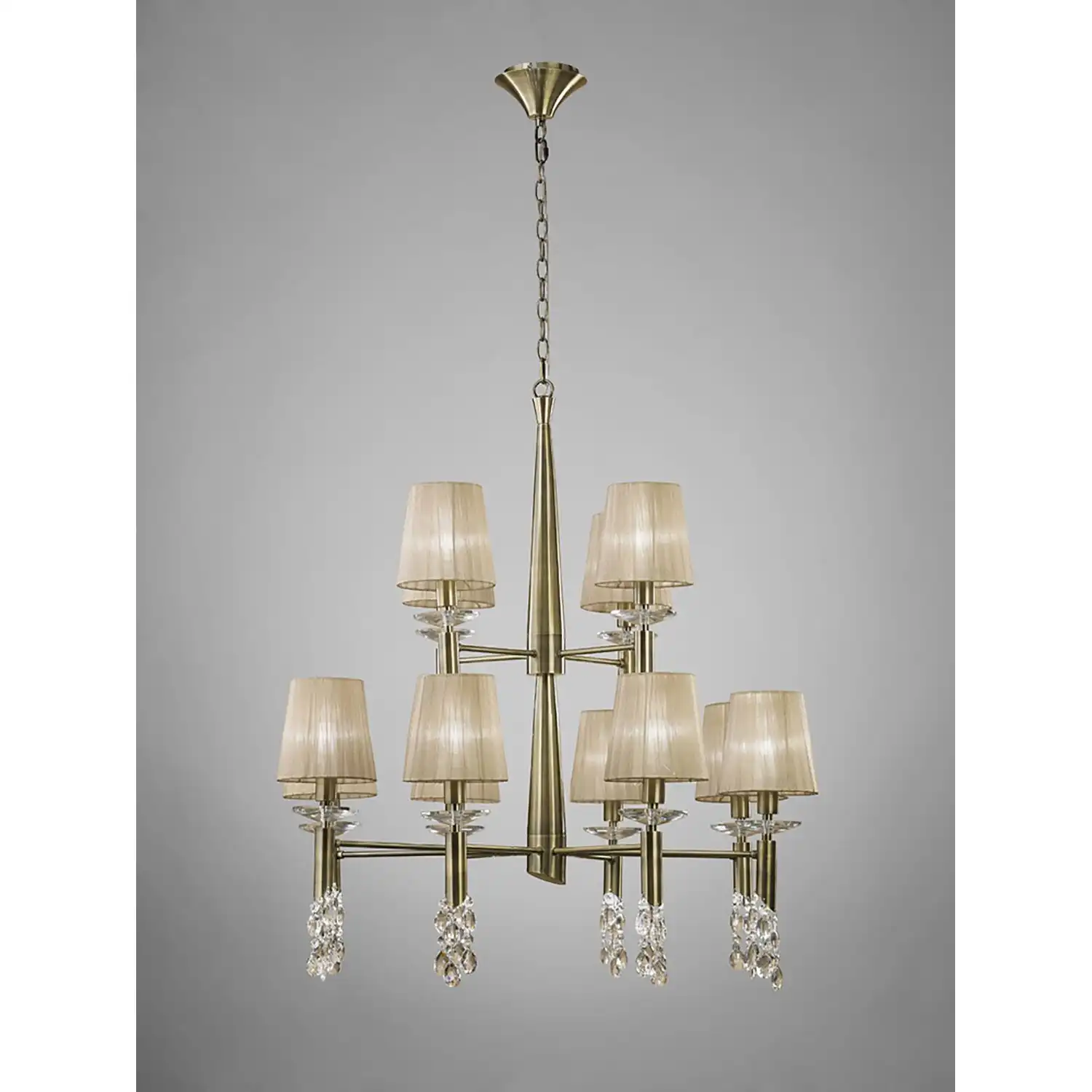 Tiffany Pendant 2 Tier 12+12 Light E14+G9, Antique Brass With Soft Bronze Shades And Clear Crystal
