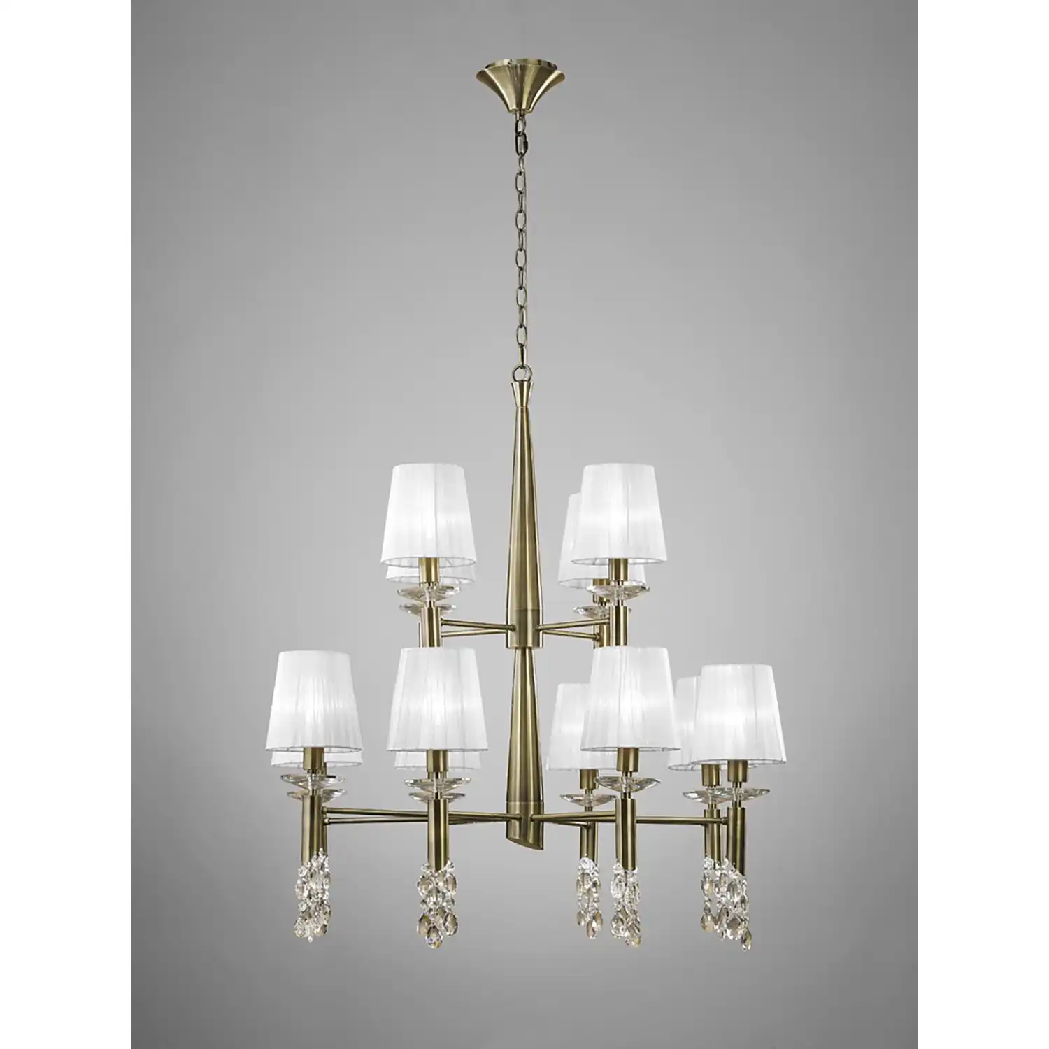Tiffany Pendant 2 Tier 12+12 Light E14+G9, Antique Brass With White Shades And Clear Crystal