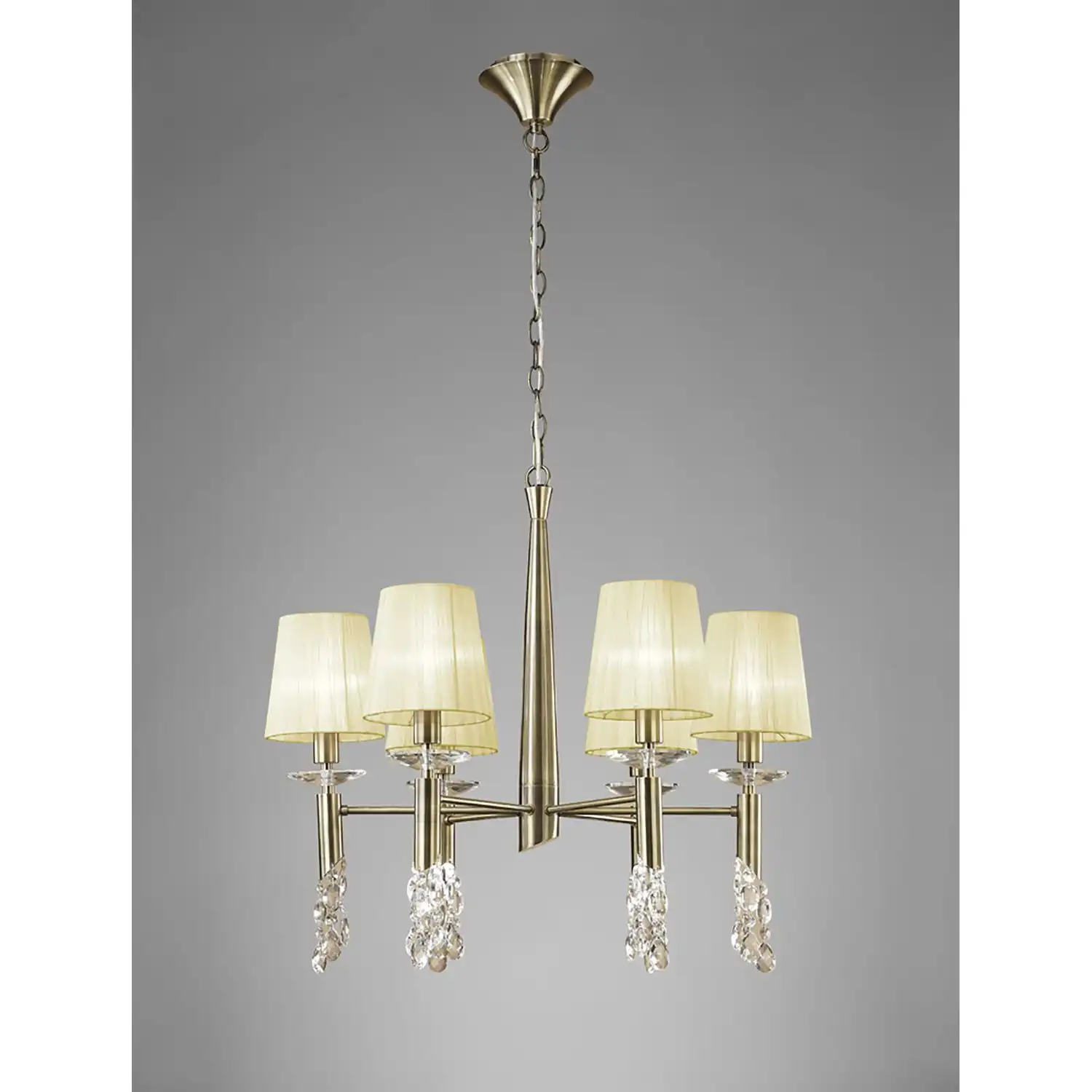 Tiffany Pendant 6+6 Light E14+G9, Antique Brass With Cream Shades And Clear Crystal