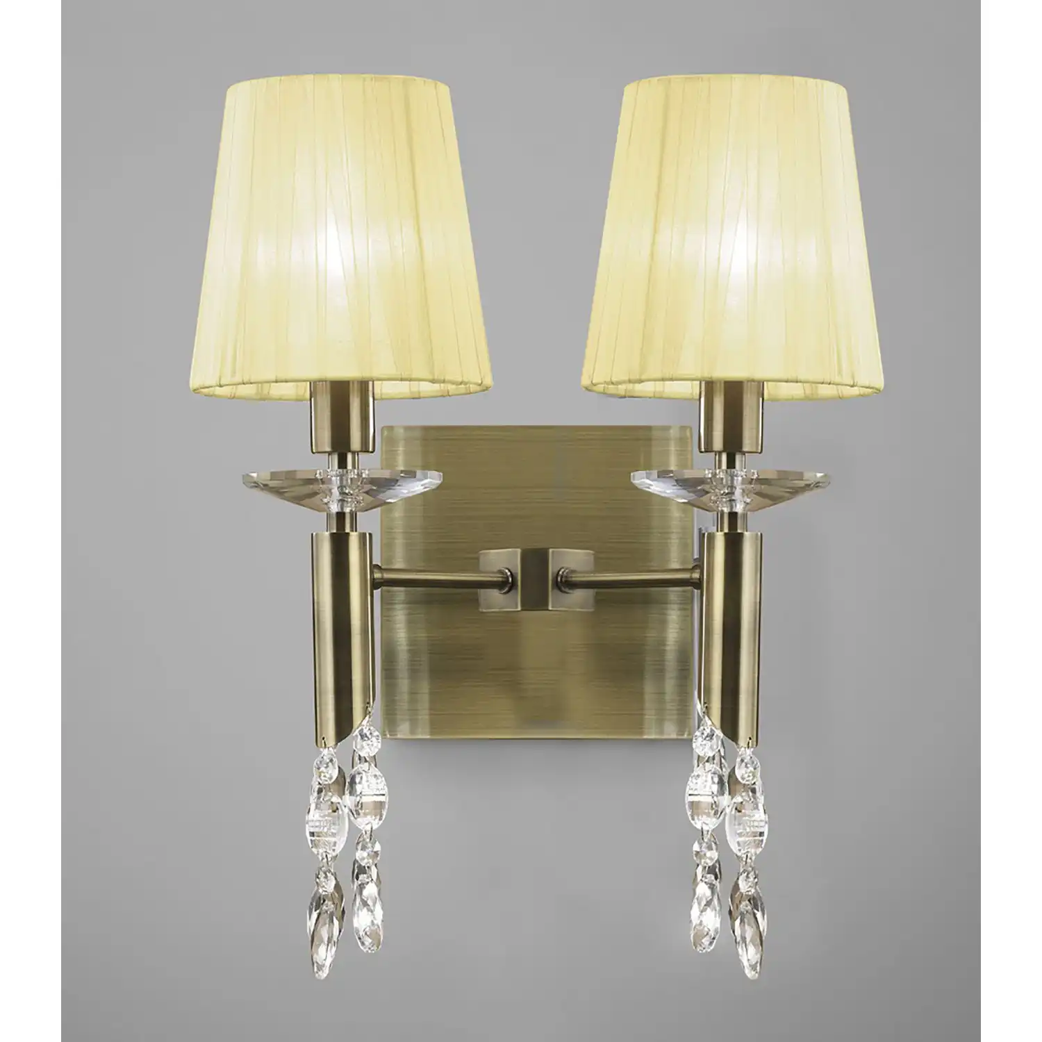 Tiffany Wall Lamp Switched 2+2 Light E14+G9, Antique Brass With Cream Shades And Clear Crystal