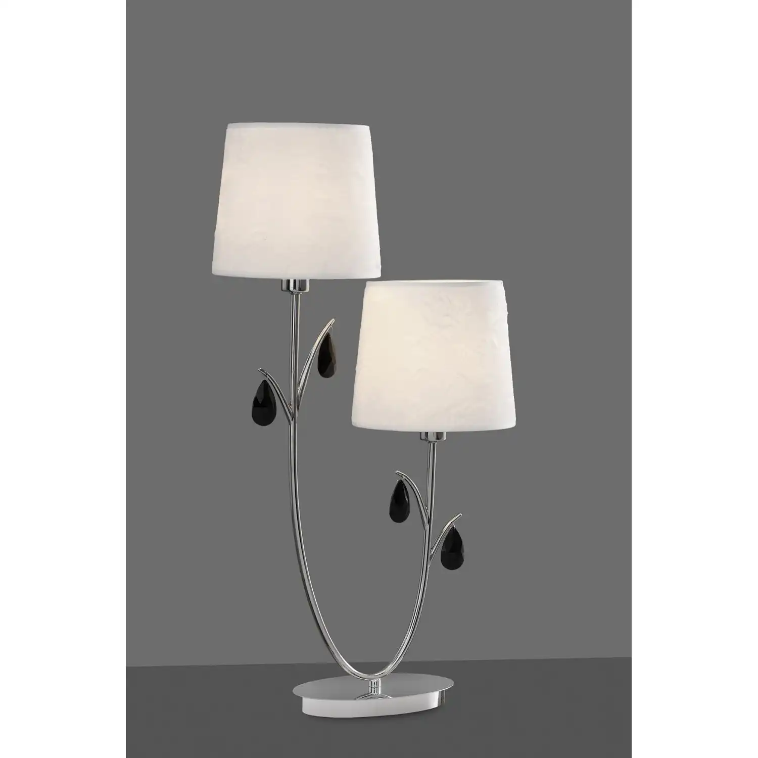Andrea Table Lamp 63cm, 2 x E14 (Max 20W), Polished Chrome, White Shades, Black Crystal Droplets