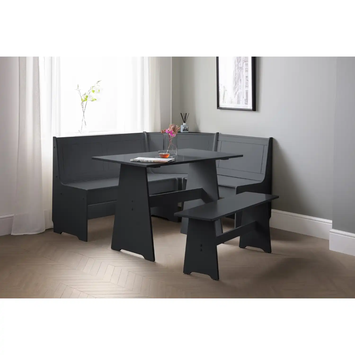 Slim Compact Grey Corner Dining Table Set with Storage Corner Bench